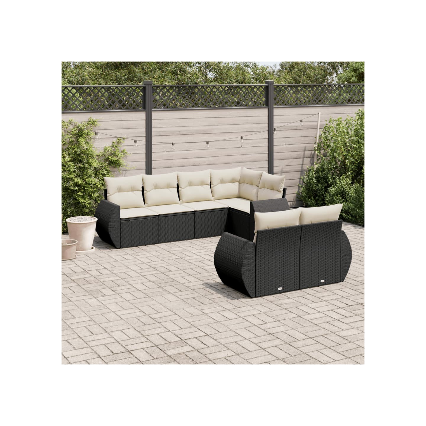 Salon de jardin 7 pcs avec coussins noir résine tressée