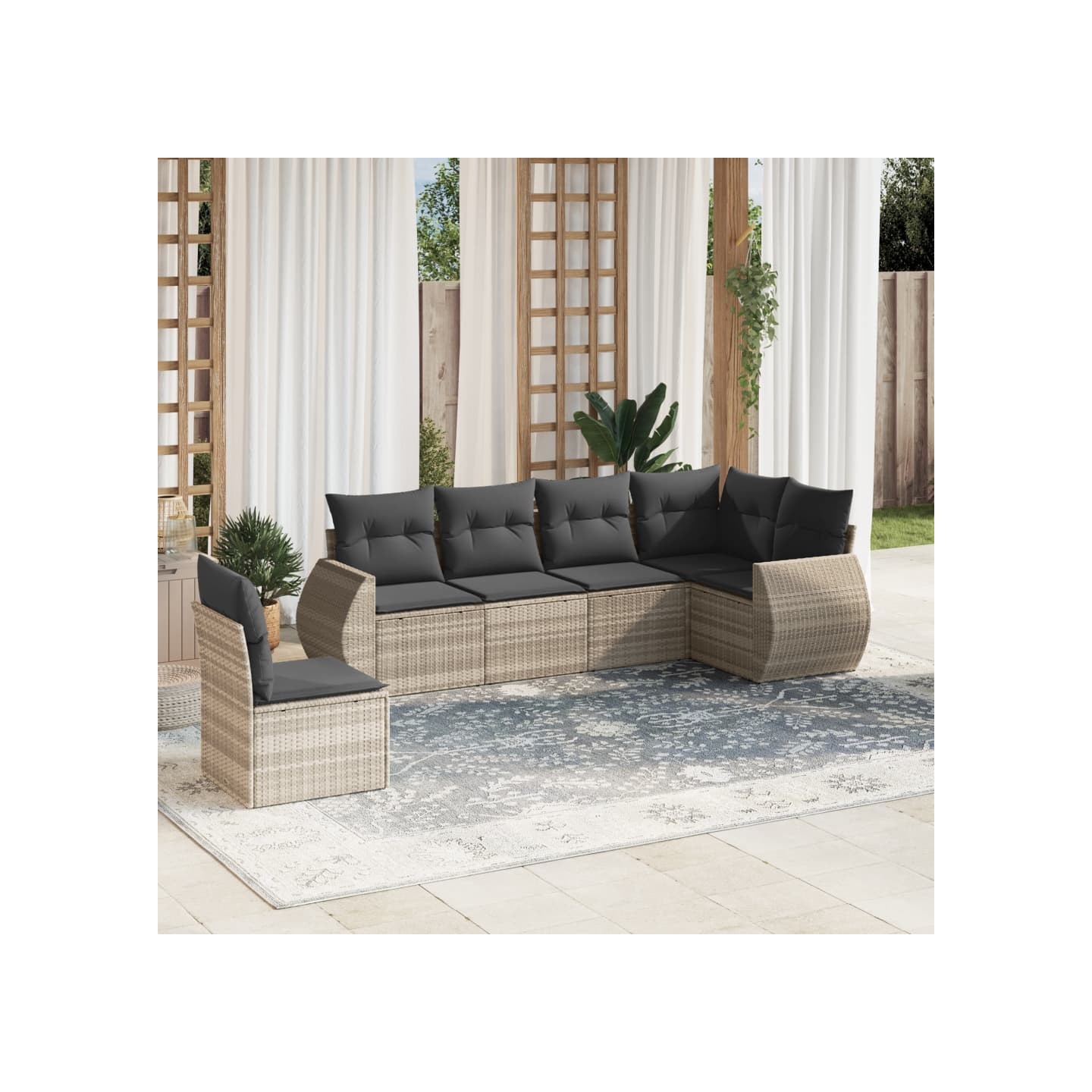 Salon de jardin 6 pcs avec coussins gris clair résine tressée