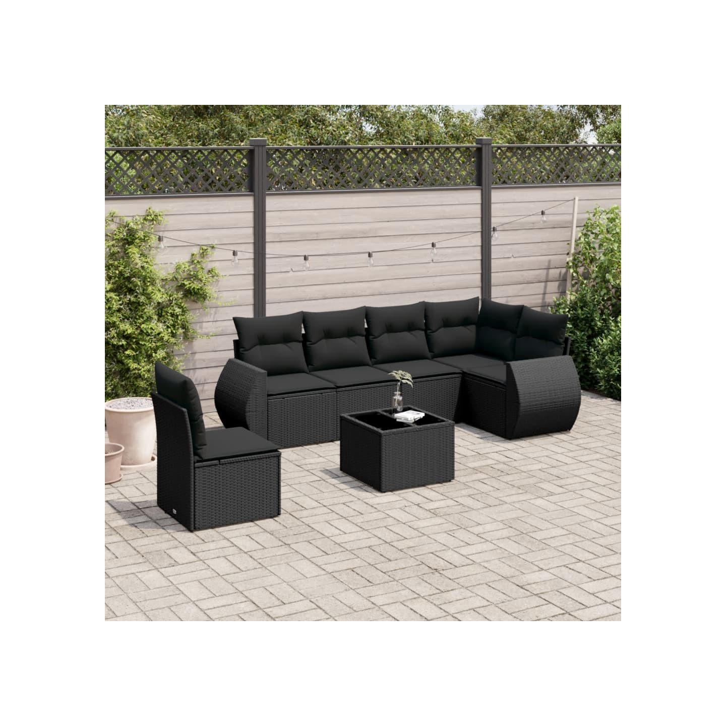 Salon de jardin 7 pcs avec coussins noir résine tressée