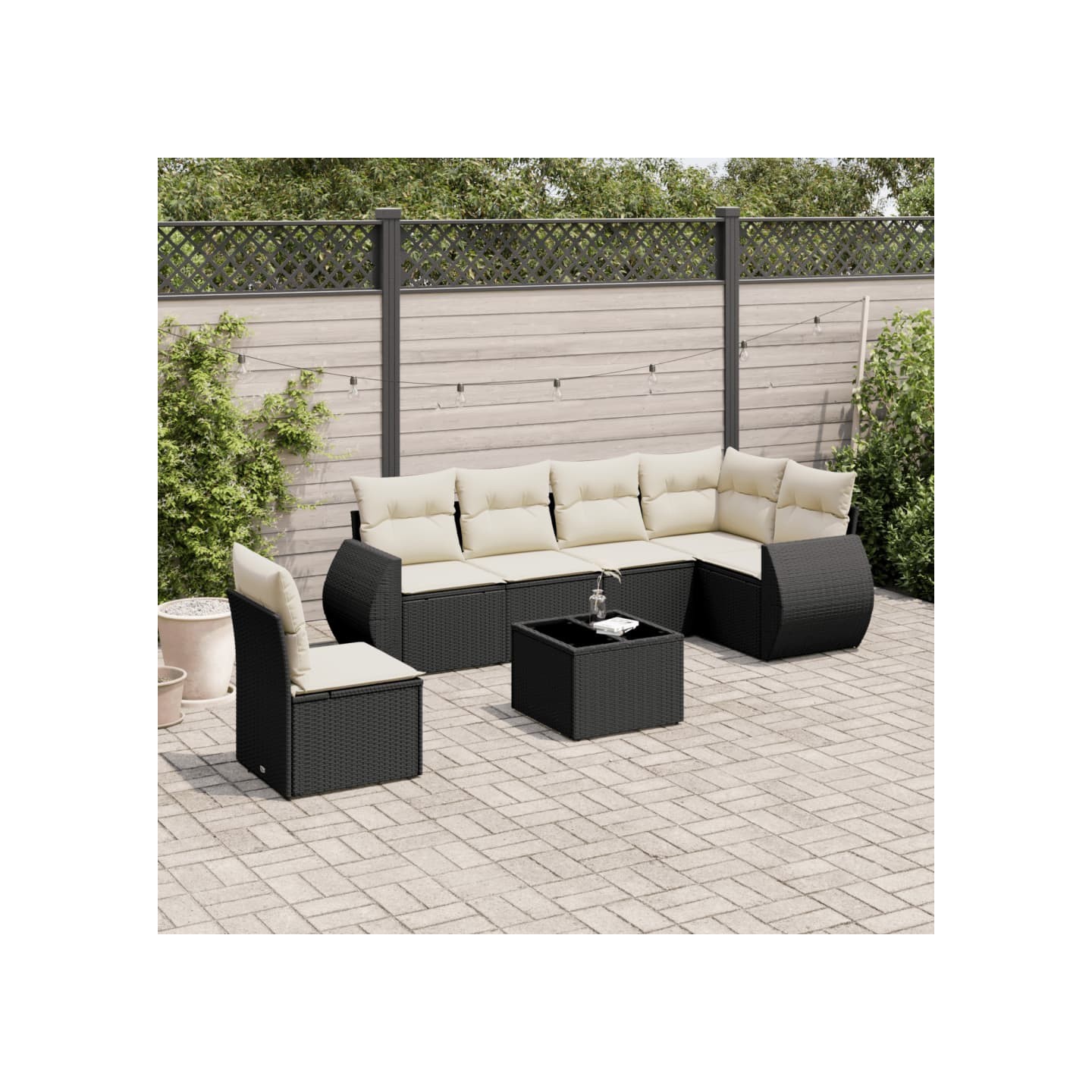 Salon de jardin 7 pcs avec coussins noir résine tressée