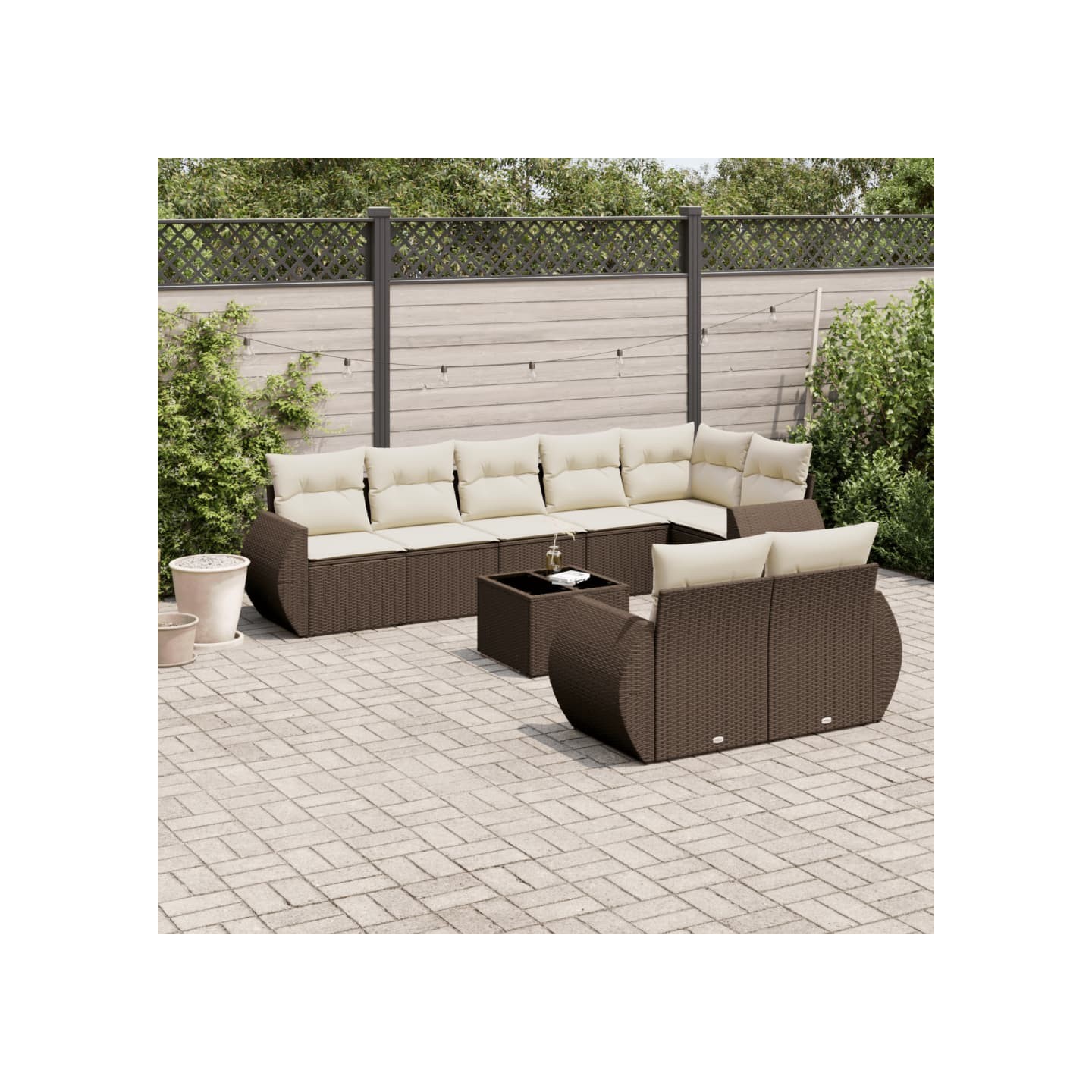 Salon de jardin avec coussins 9 pcs marron résine tressée
