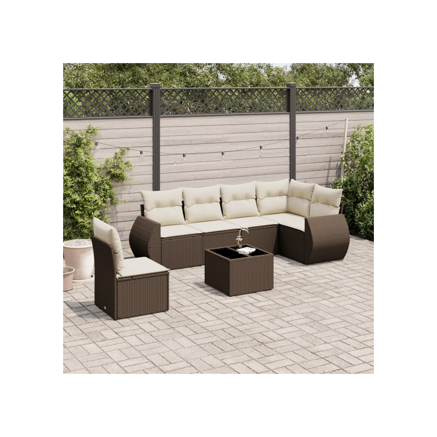 Salon de jardin avec coussins 7 pcs marron résine tressée