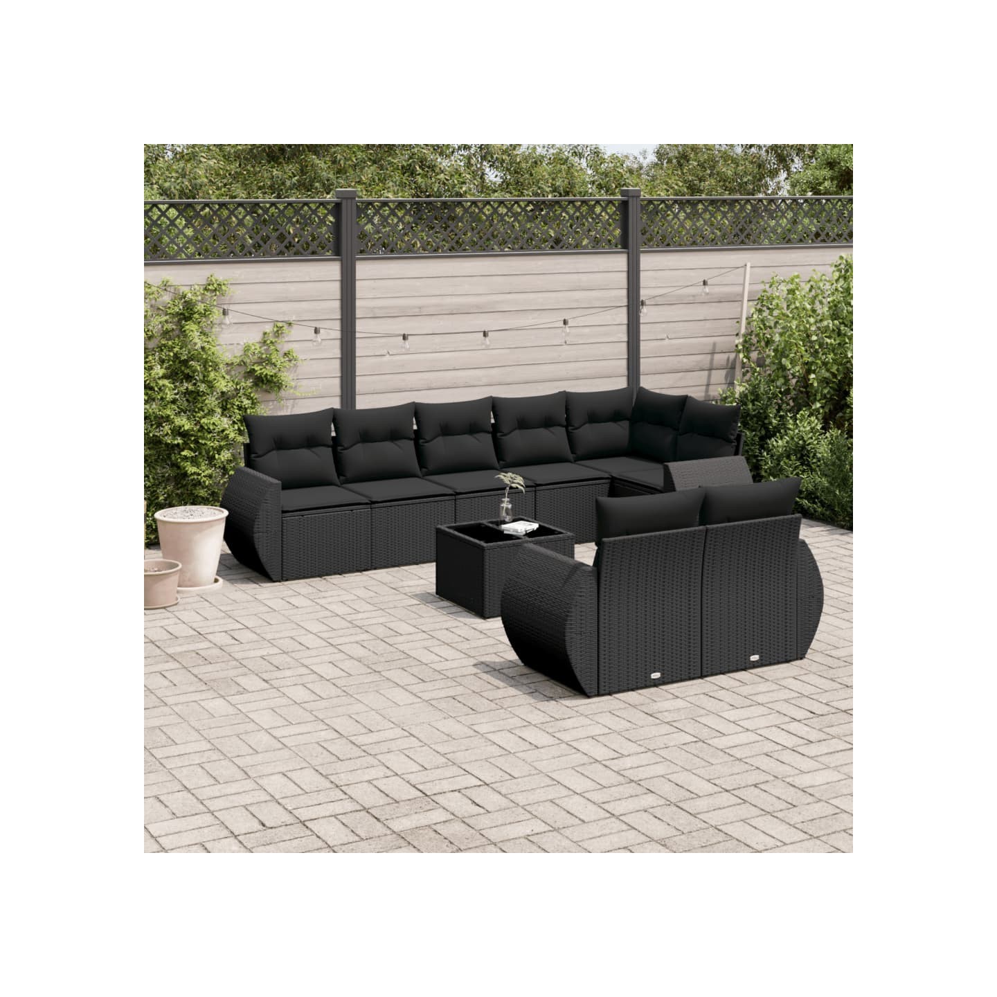 Salon de jardin 9 pcs avec coussins noir résine tressée