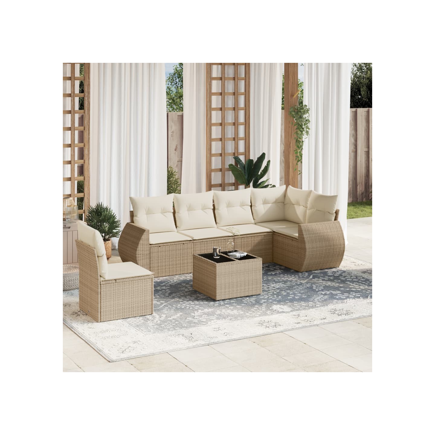 Salon de jardin avec coussins 7 pcs beige résine tressée