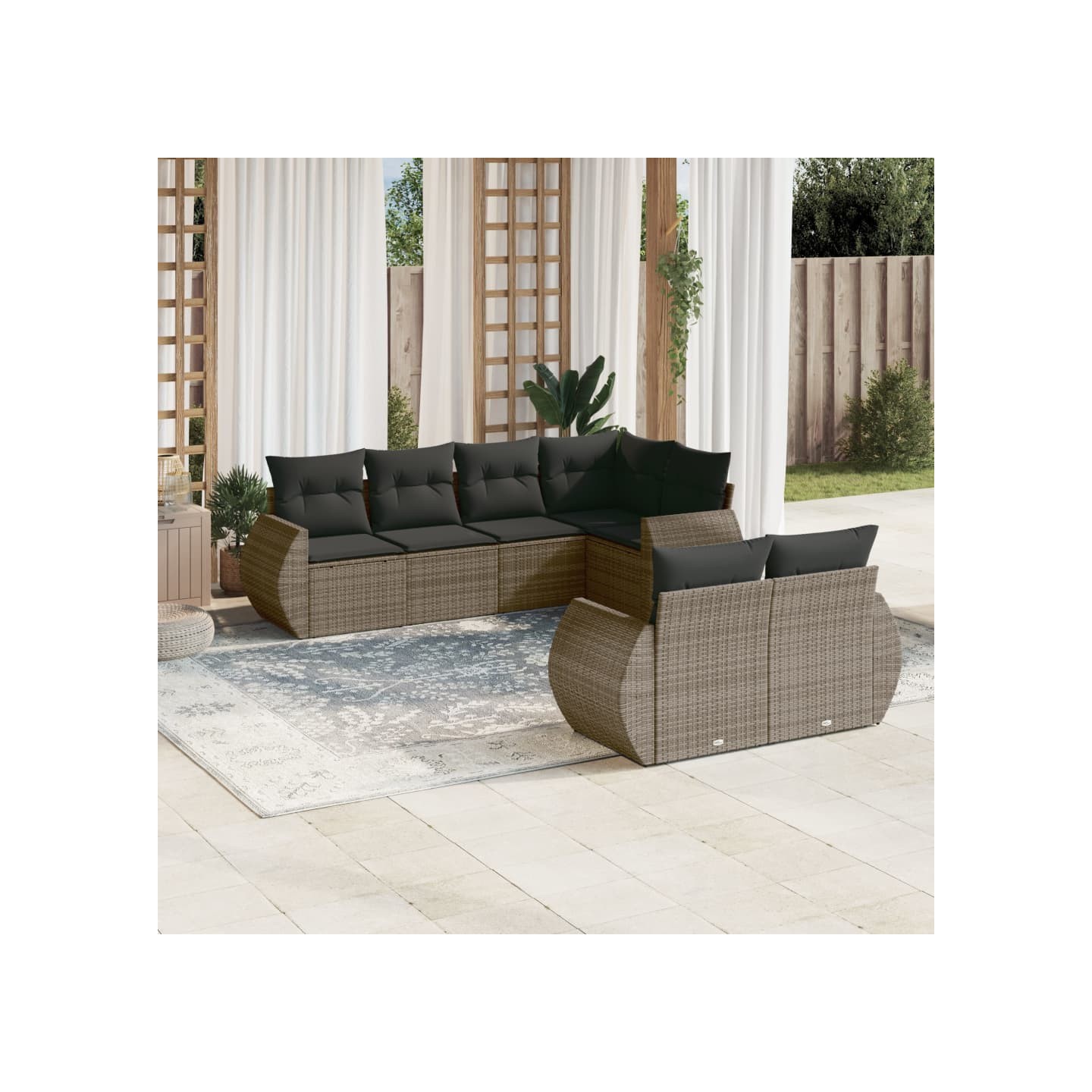 Salon de jardin avec coussins 7 pcs gris résine tressée