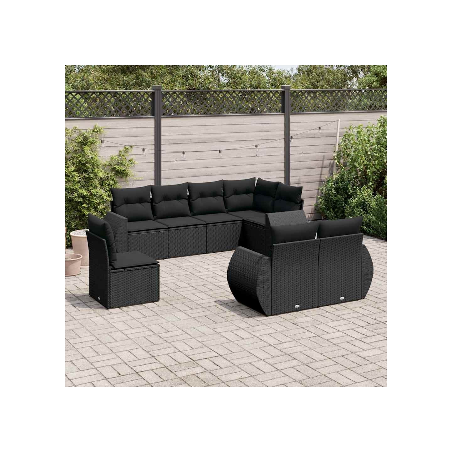 Salon de jardin 8 pcs avec coussins noir résine tressée