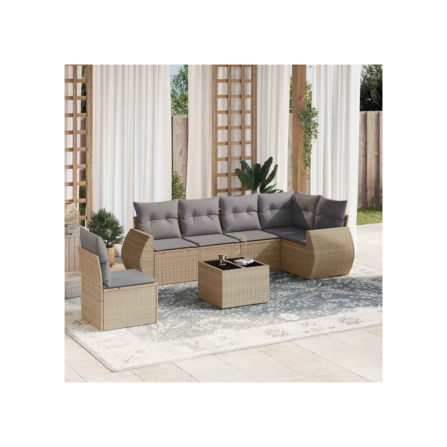 Salon de jardin avec coussins 7 pcs beige résine tressée