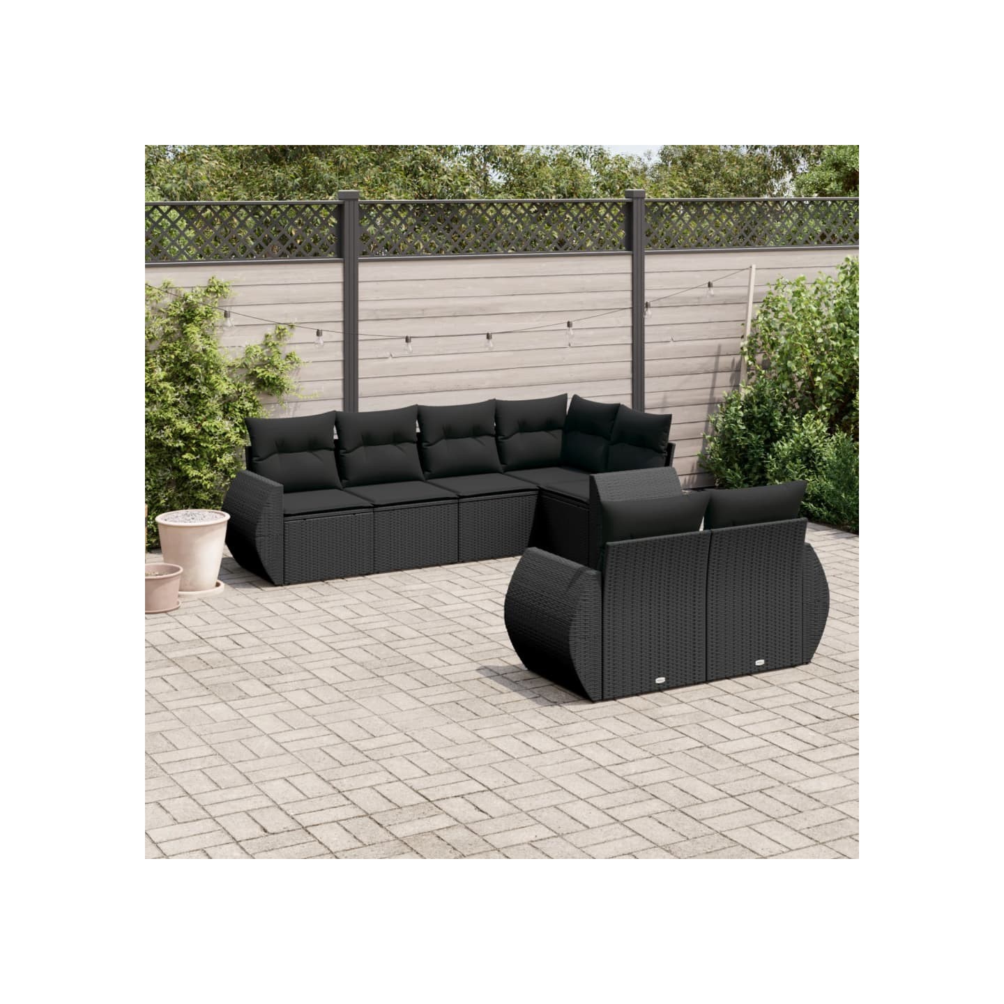 Salon de jardin 7 pcs avec coussins noir résine tressée
