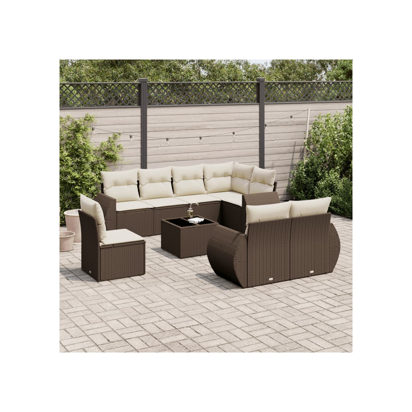 Salon de jardin avec coussins 9 pcs marron résine tressée