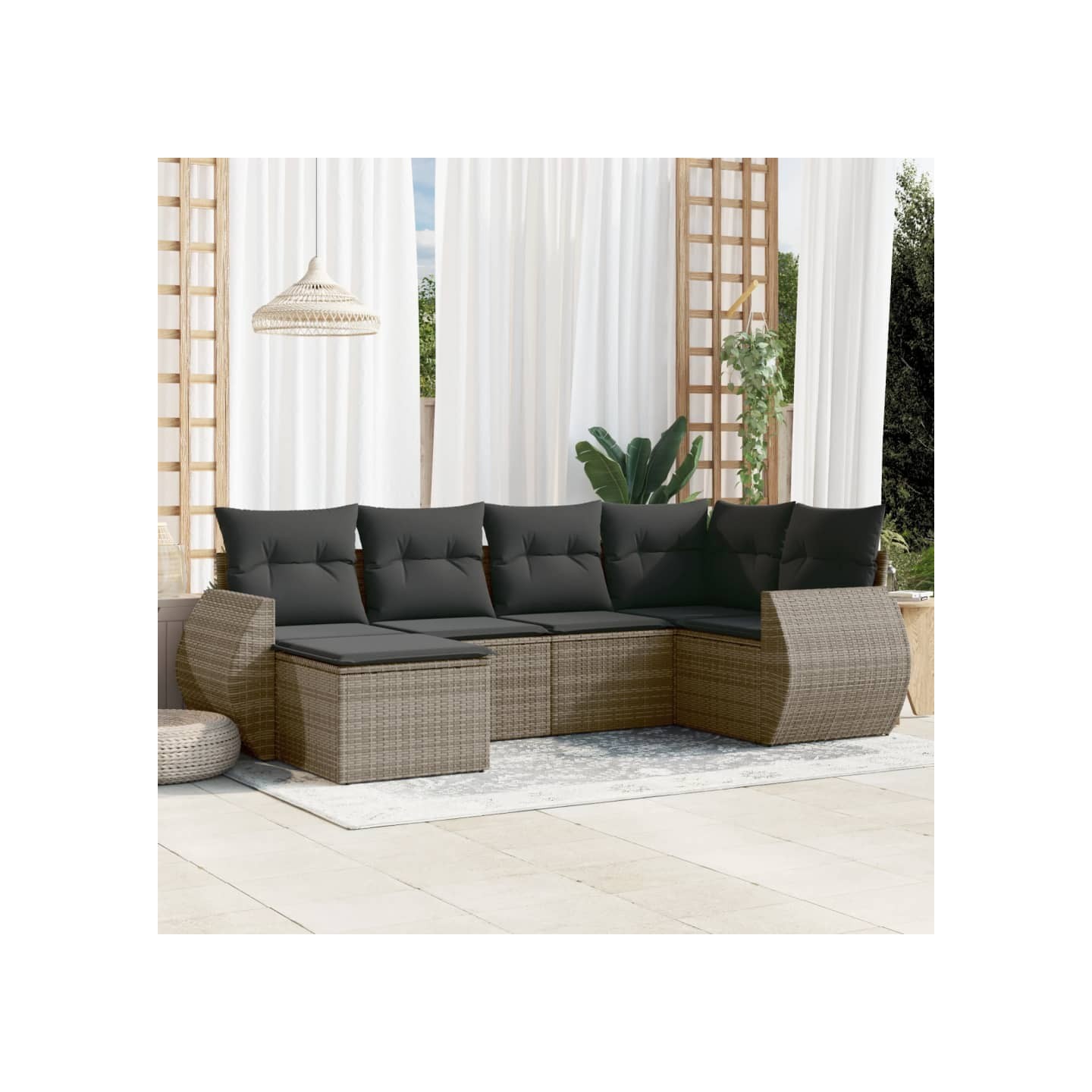 Salon de jardin 6 pcs avec coussins gris résine tressée