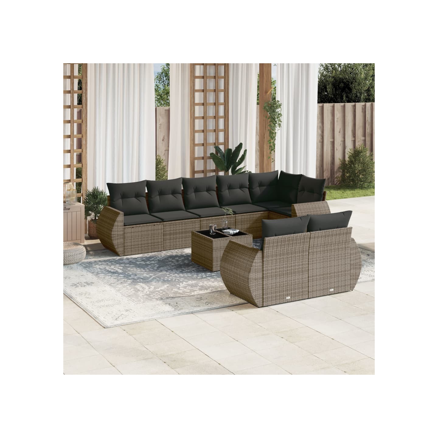 Salon de jardin 9 pcs avec coussins gris résine tressée