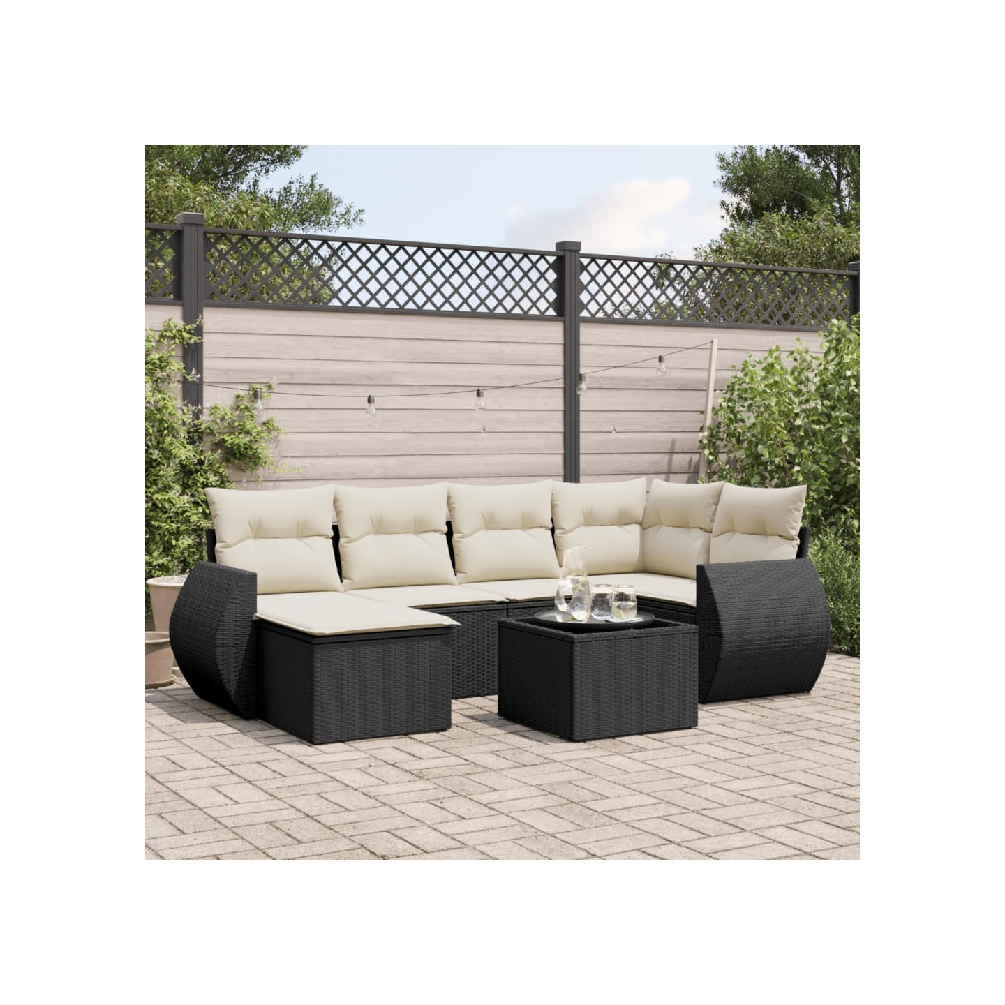 Salon de jardin 7 pcs avec coussins noir résine tressée
