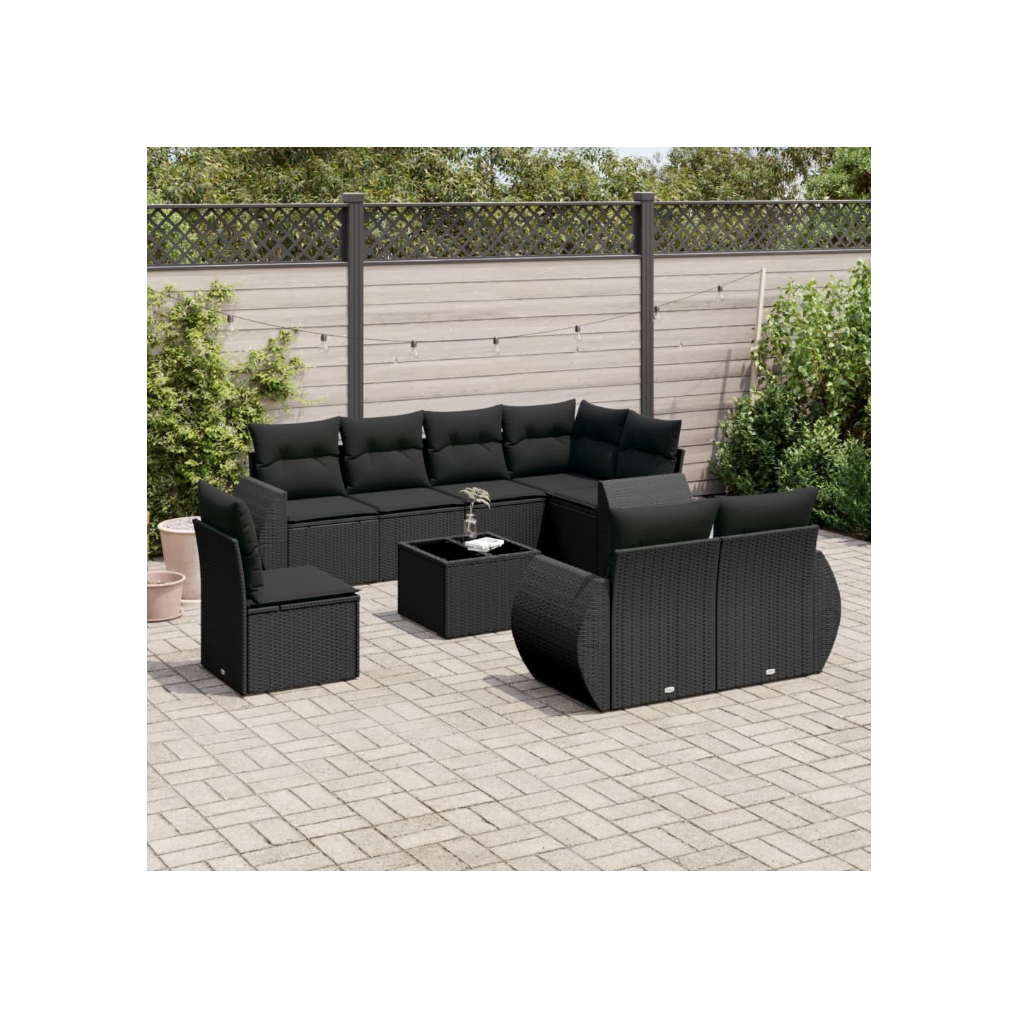 Salon de jardin 9 pcs avec coussins noir résine tressée