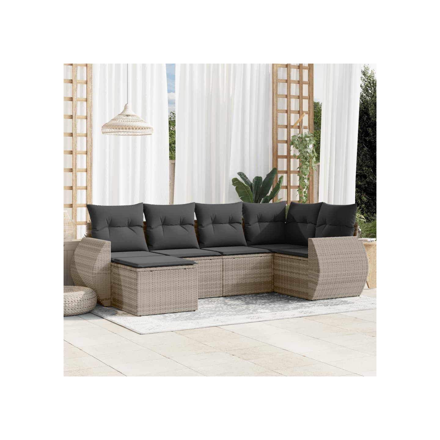 Salon de jardin 6 pcs avec coussins gris clair résine tressée