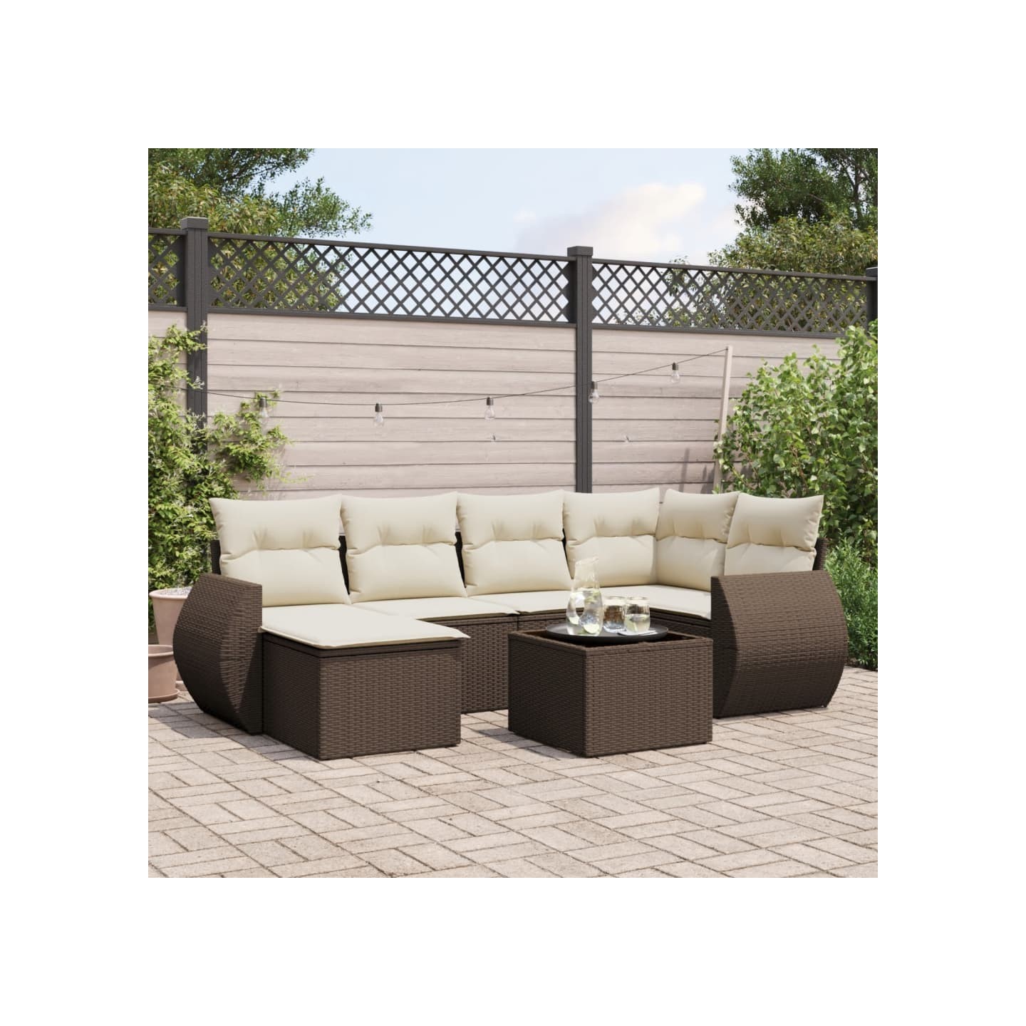 Salon de jardin avec coussins 7 pcs marron résine tressée