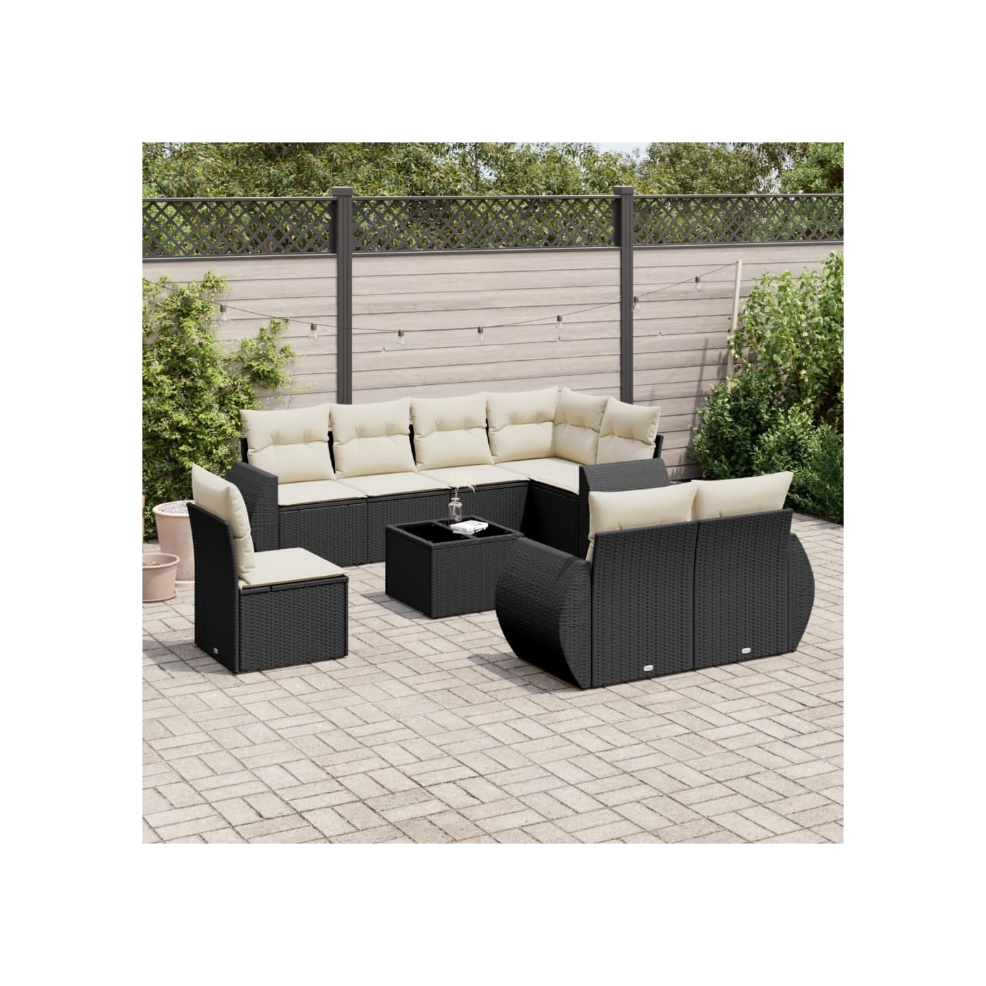 Salon de jardin 9 pcs avec coussins noir résine tressée