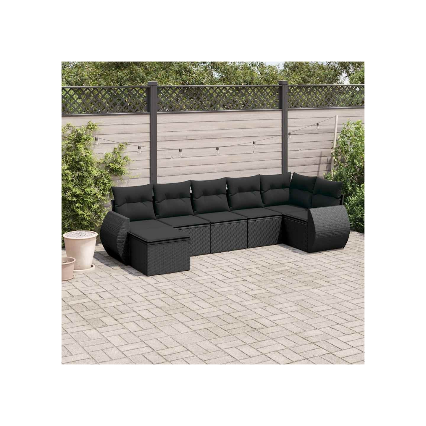 Salon de jardin 7 pcs avec coussins noir résine tressée