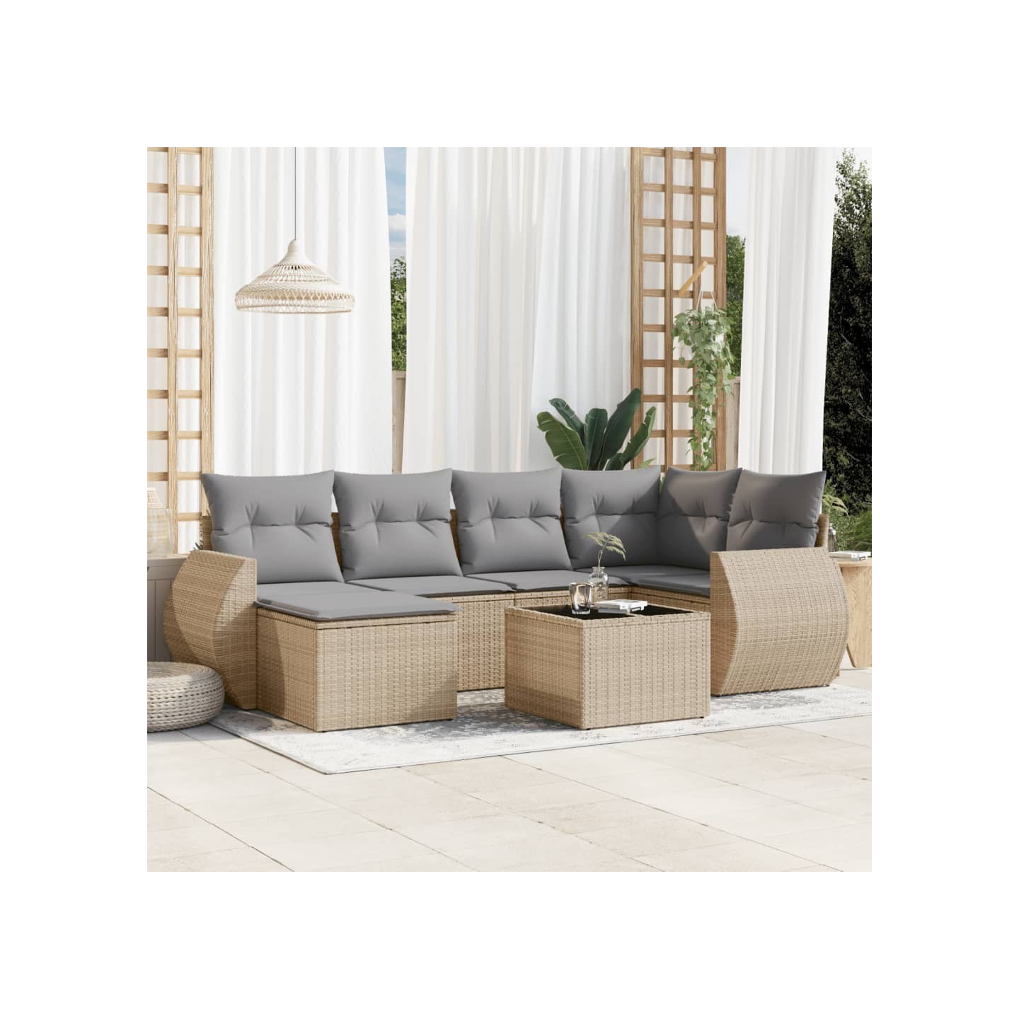 Salon de jardin avec coussins 7 pcs beige résine tressée