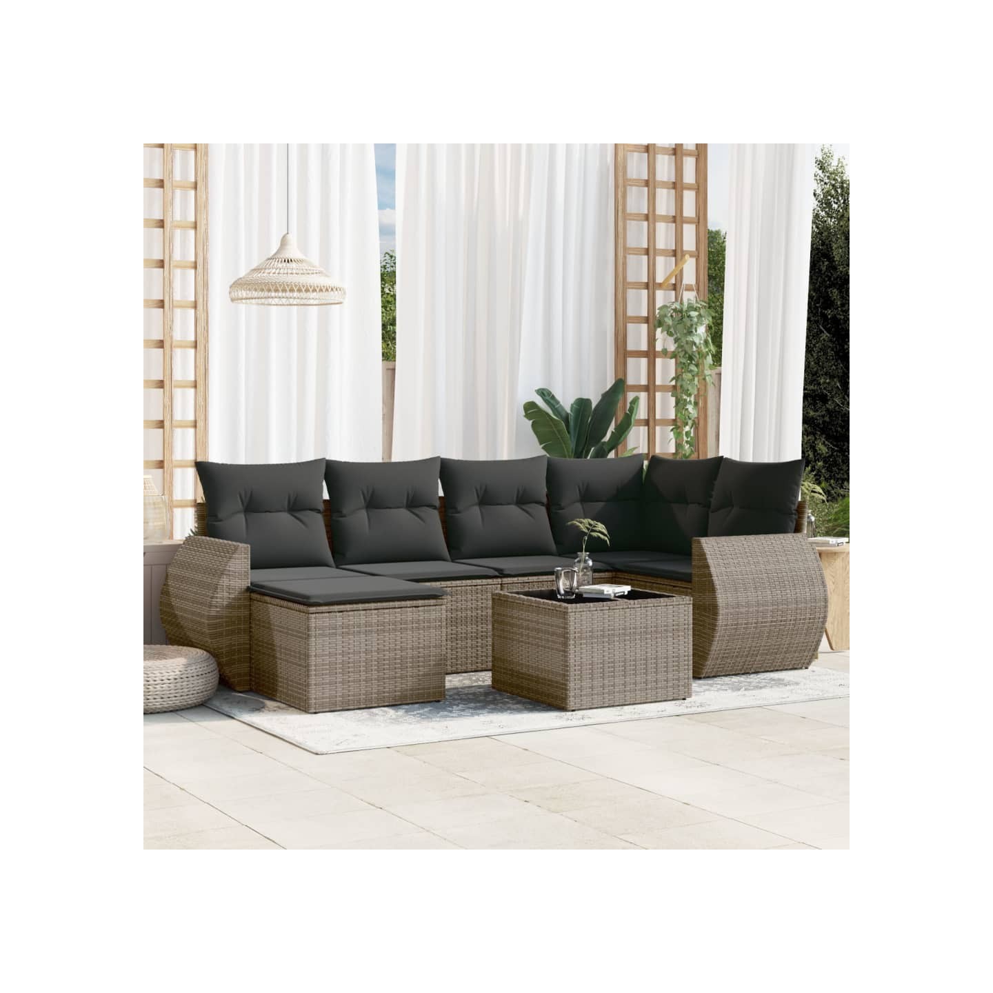 Salon de jardin avec coussins 7 pcs gris résine tressée