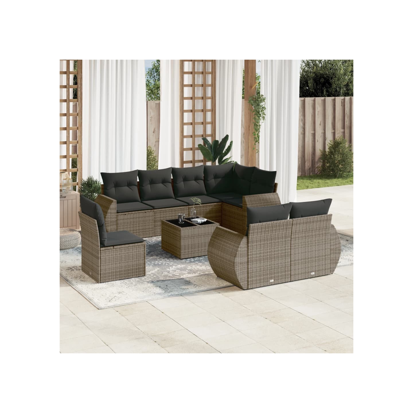Salon de jardin 9 pcs avec coussins gris résine tressée