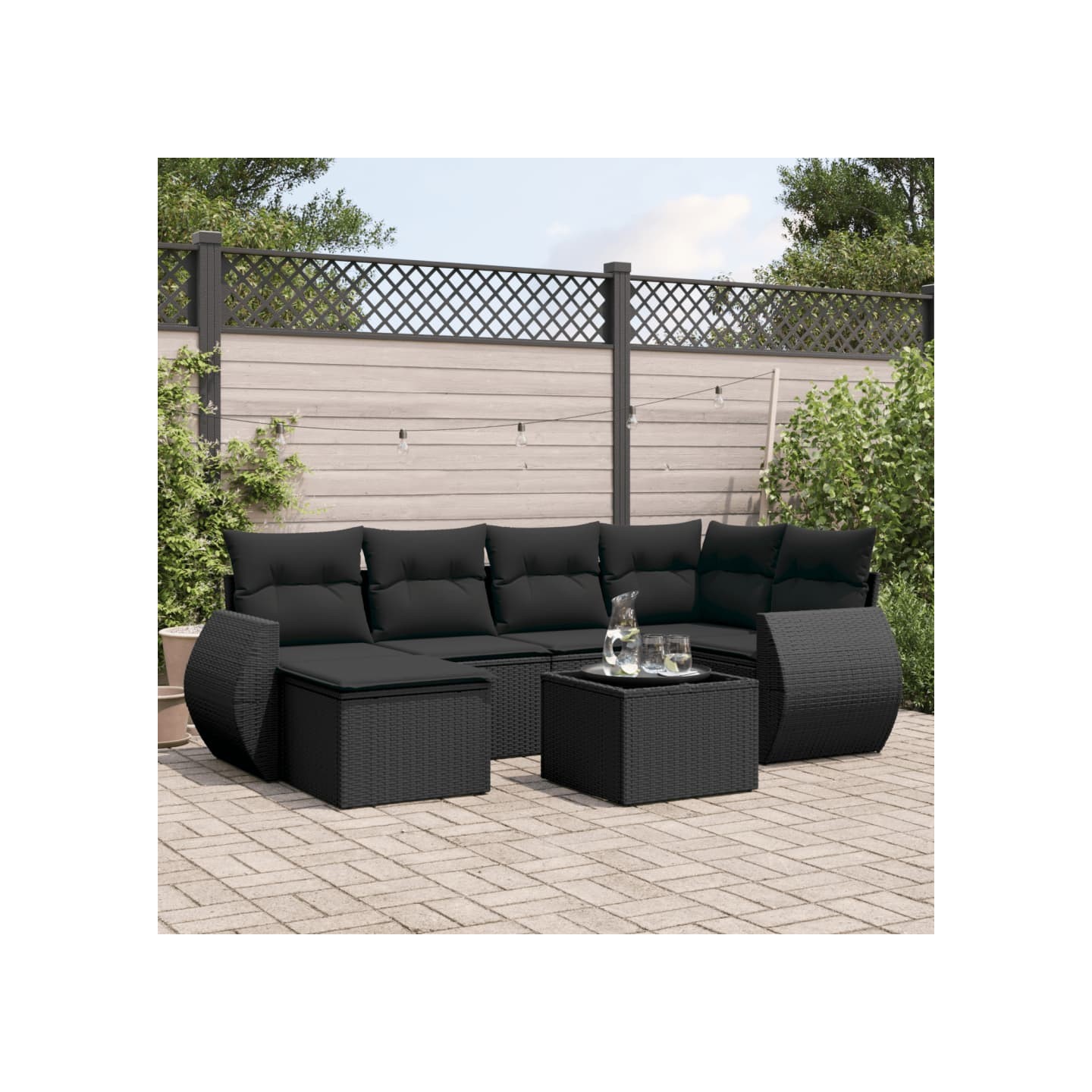Salon de jardin 7 pcs avec coussins noir résine tressée