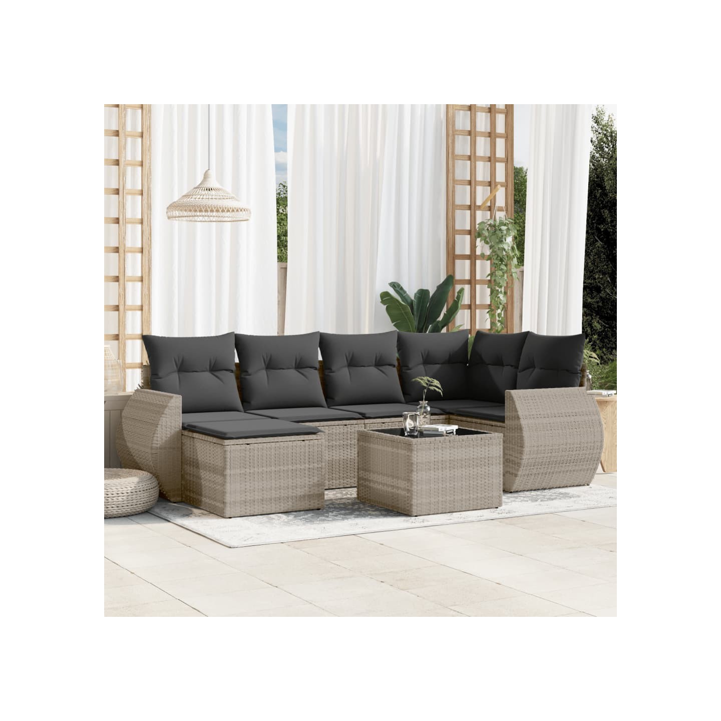 Salon de jardin avec coussins 7 pcs gris clair résine tressée