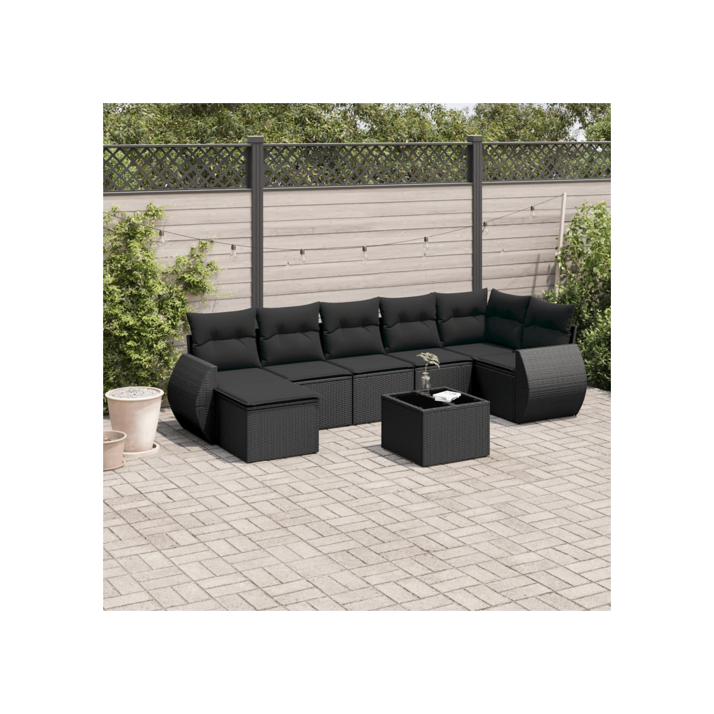 Salon de jardin 8 pcs avec coussins noir résine tressée