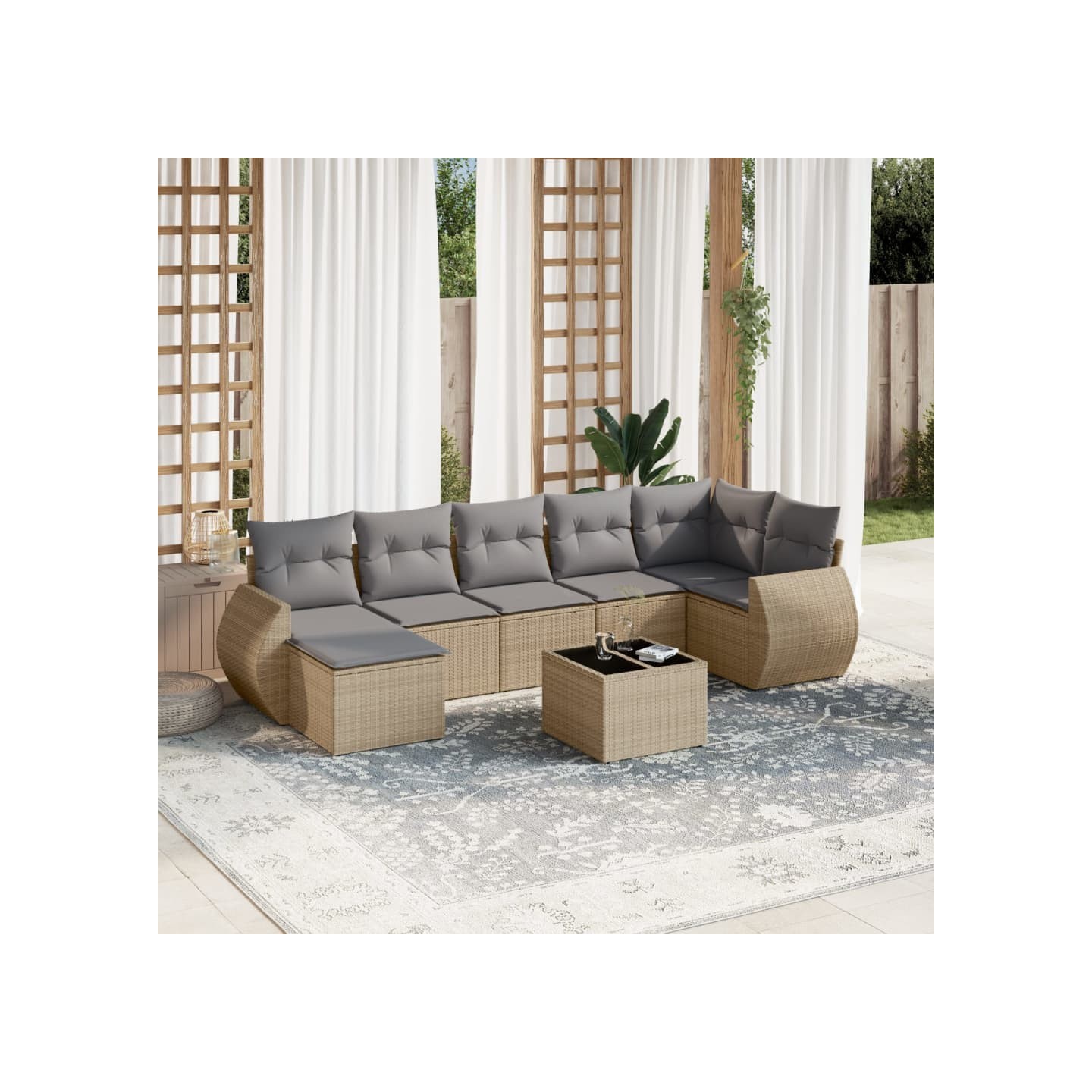 Salon de jardin avec coussins 8 pcs beige résine tressée