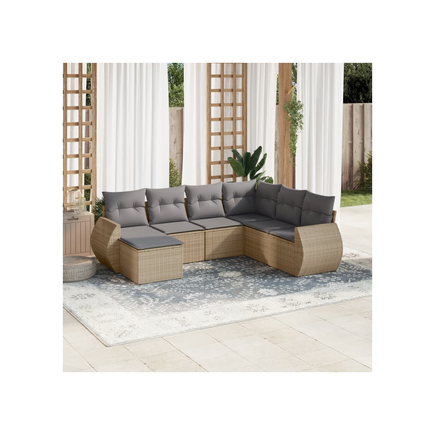 Salon de jardin avec coussins 7 pcs beige résine tressée