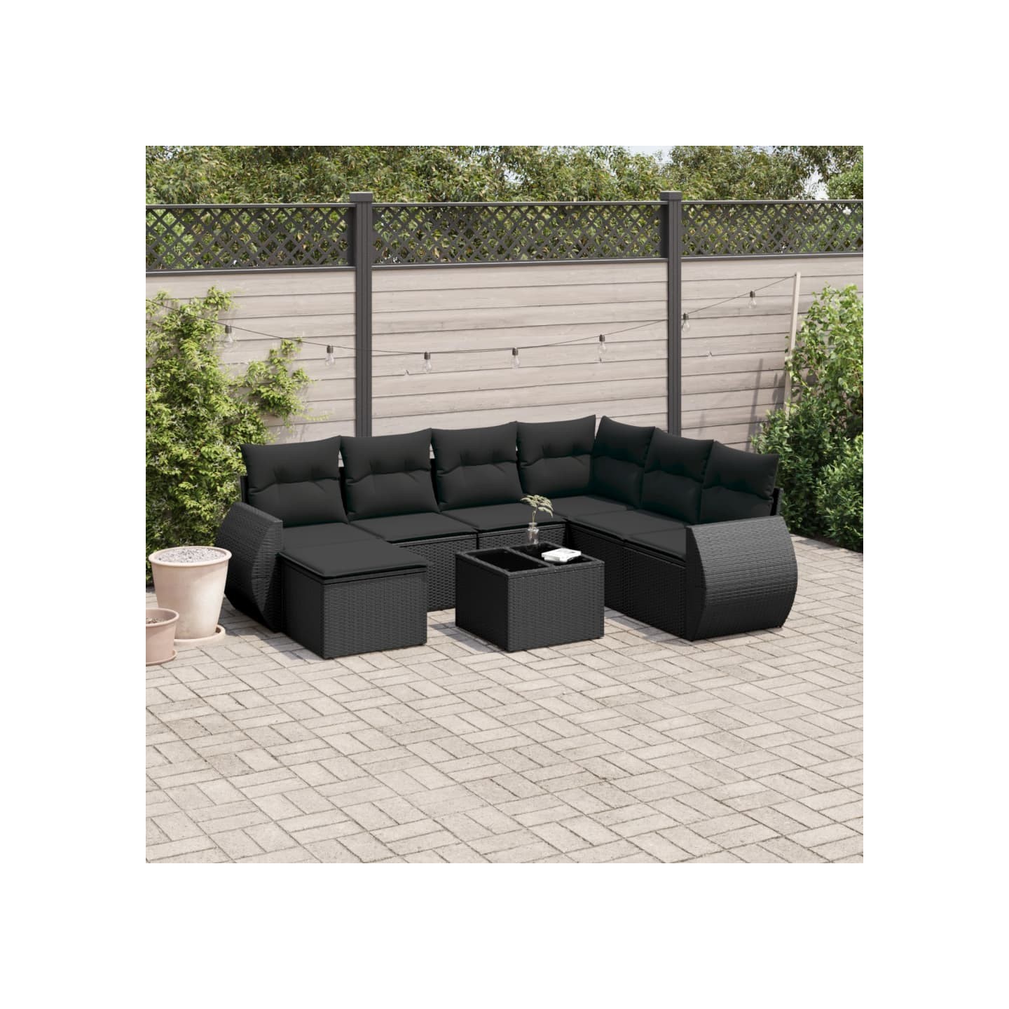 Salon de jardin 8 pcs avec coussins noir résine tressée