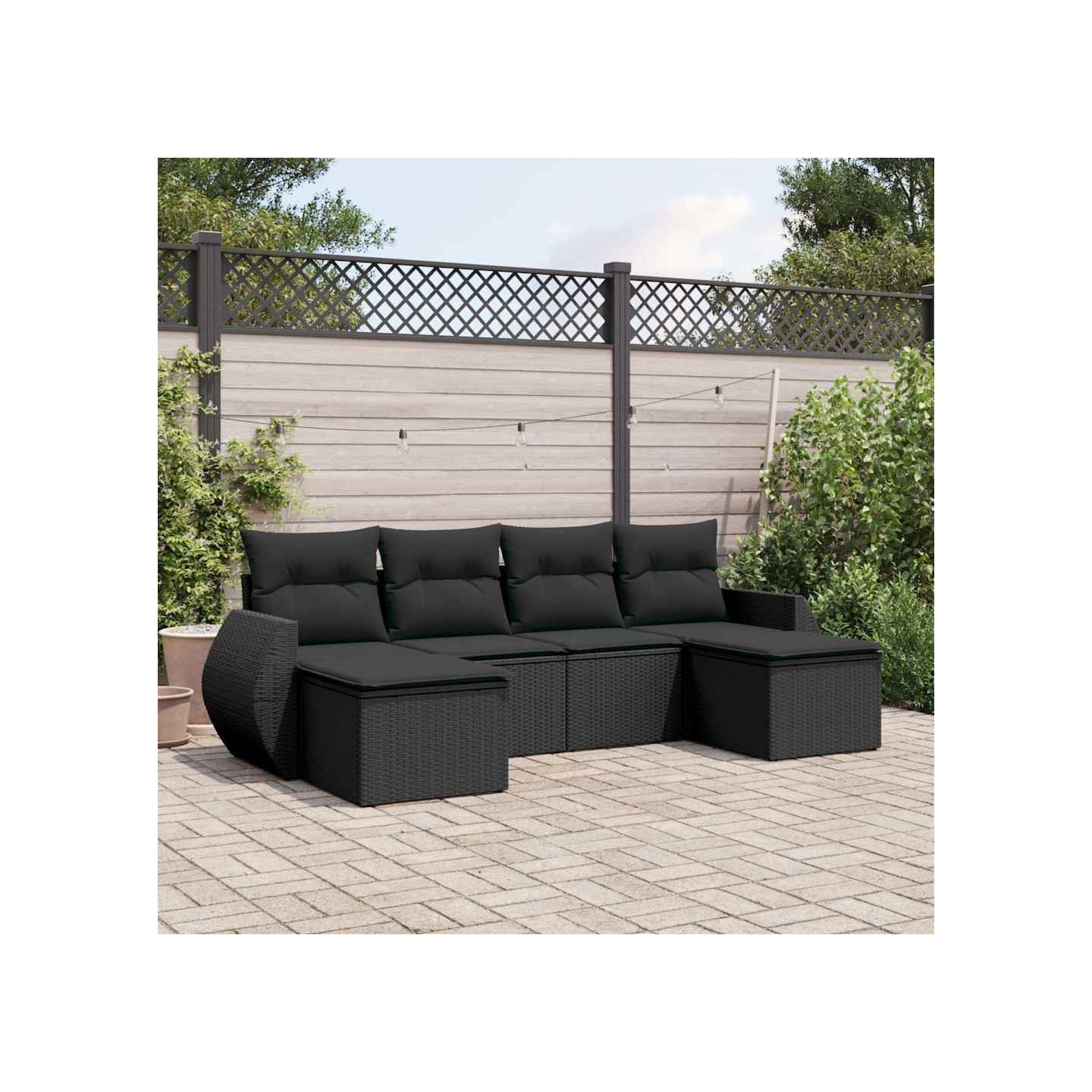 Salon de jardin 6 pcs avec coussins noir résine tressée