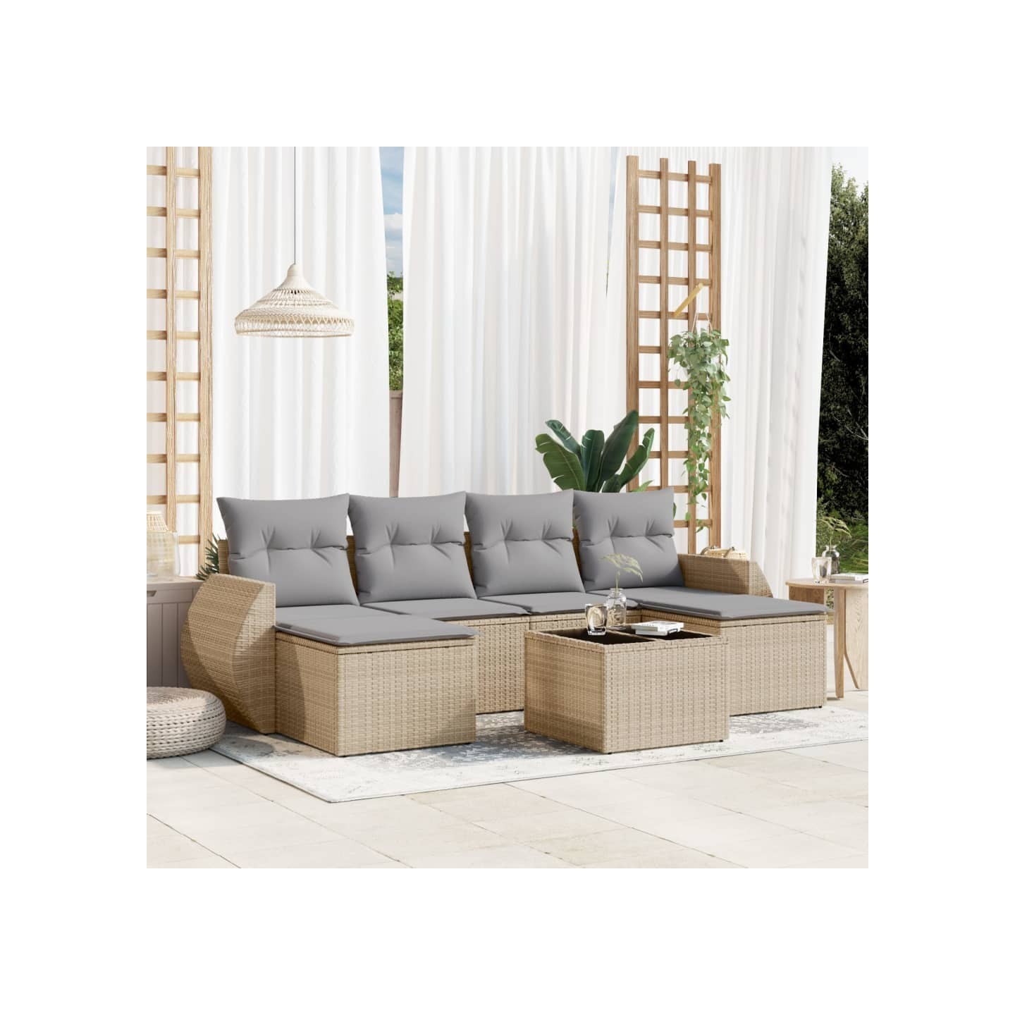 Salon de jardin avec coussins 7 pcs beige résine tressée