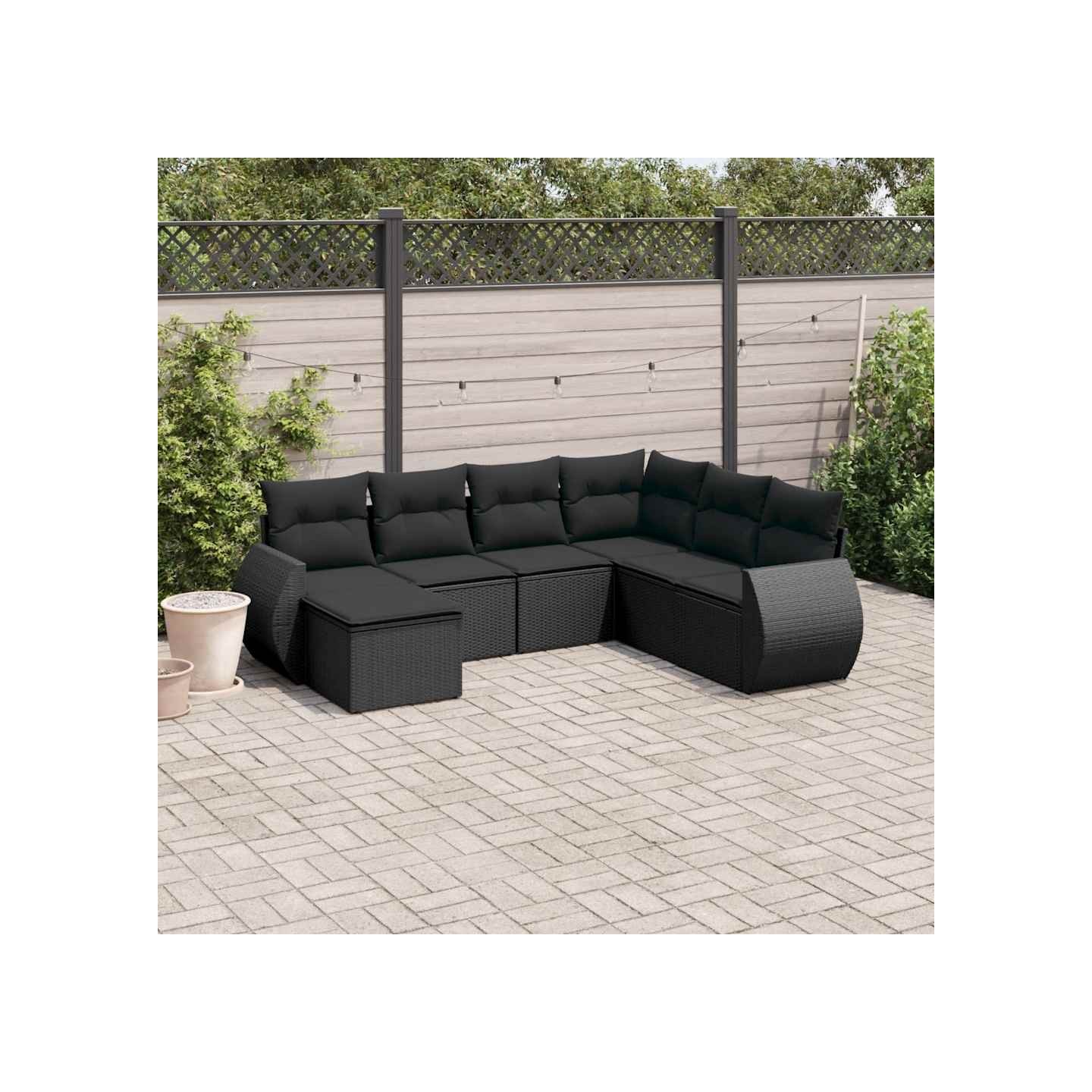 Salon de jardin 7 pcs avec coussins noir résine tressée