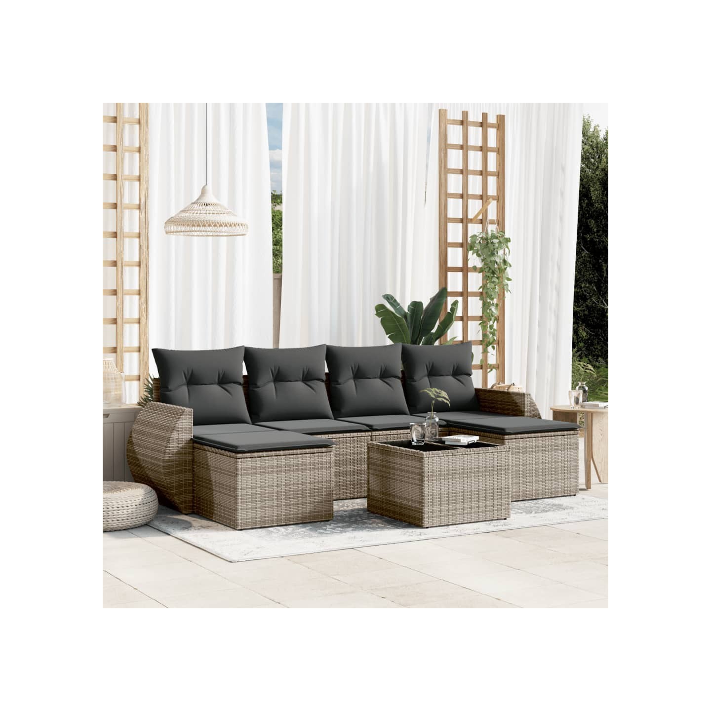Salon de jardin avec coussins 7 pcs gris résine tressée