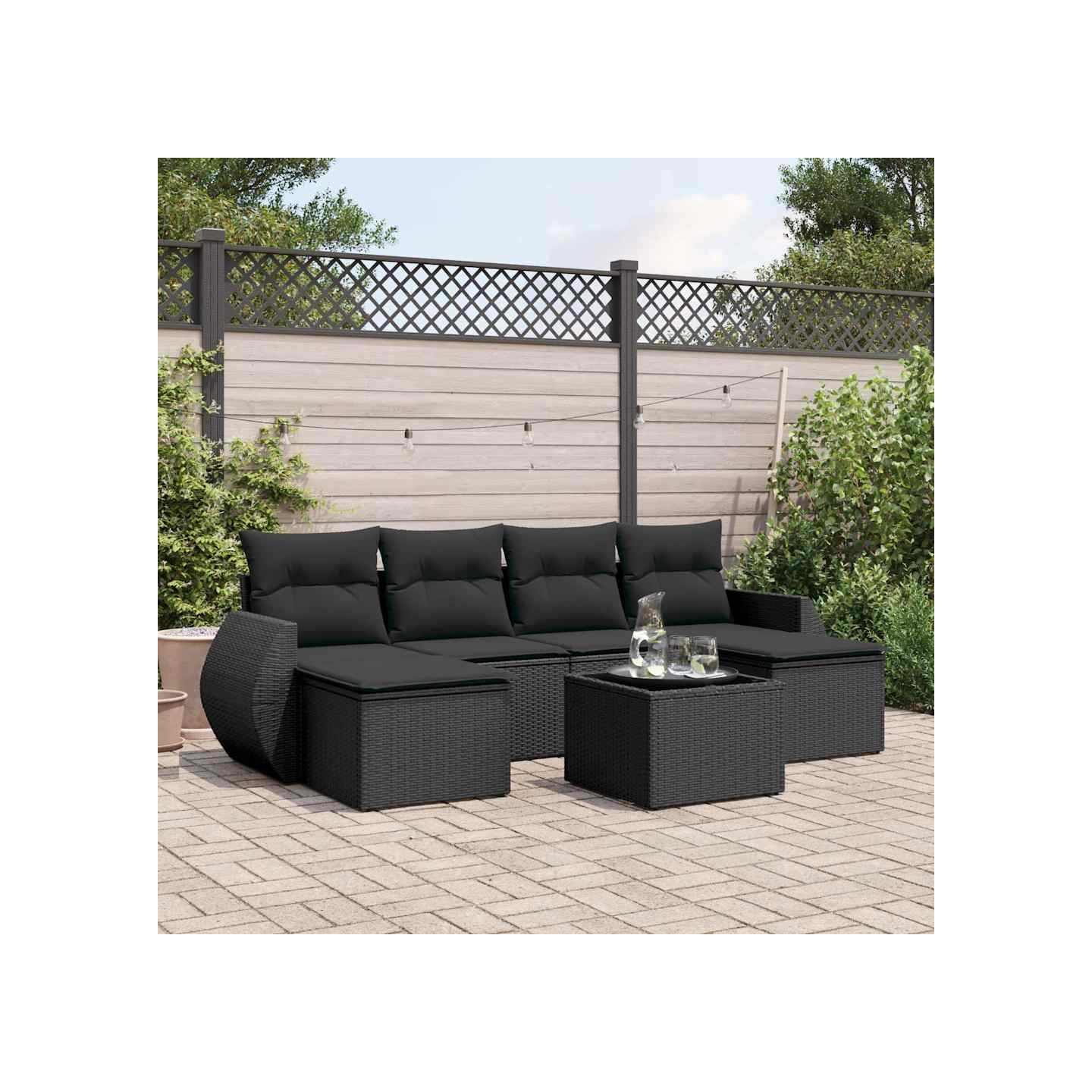 Salon de jardin 7 pcs avec coussins noir résine tressée