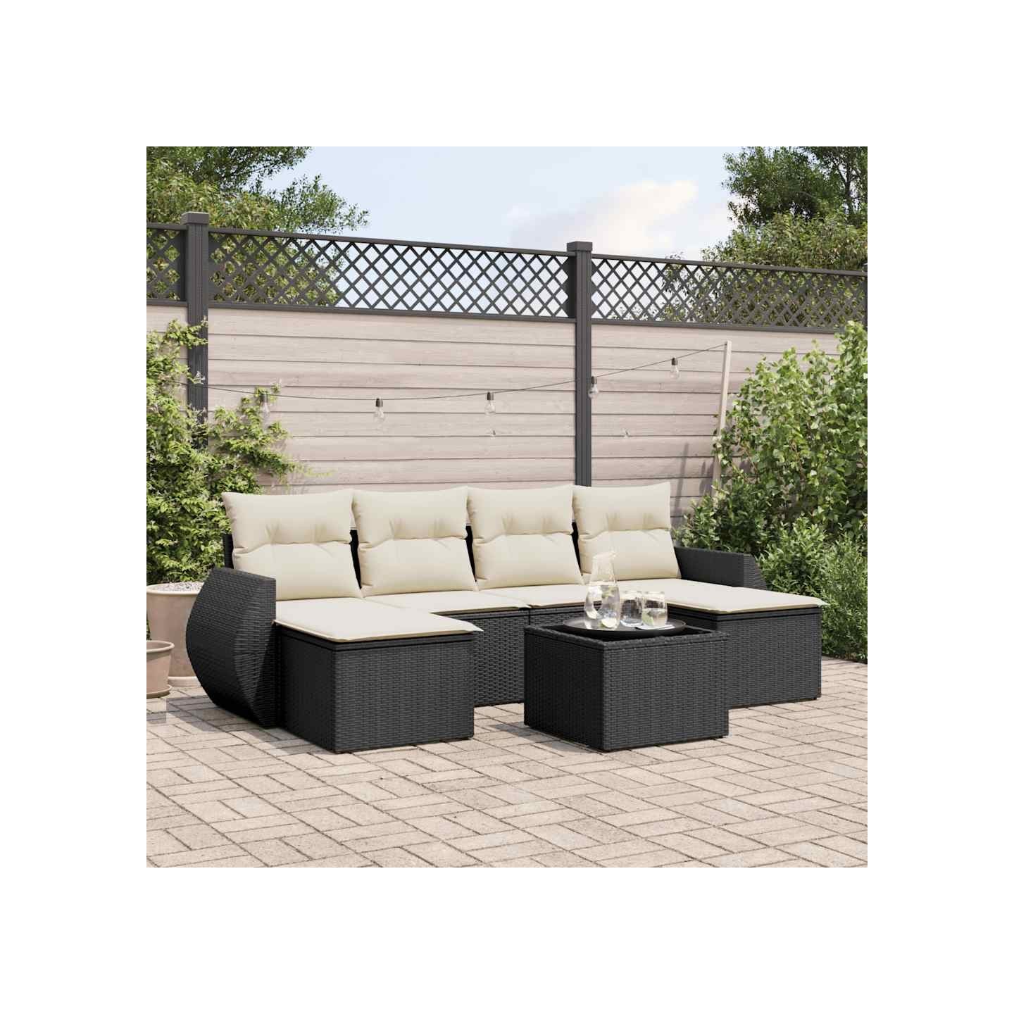 Salon de jardin 7 pcs avec coussins noir résine tressée