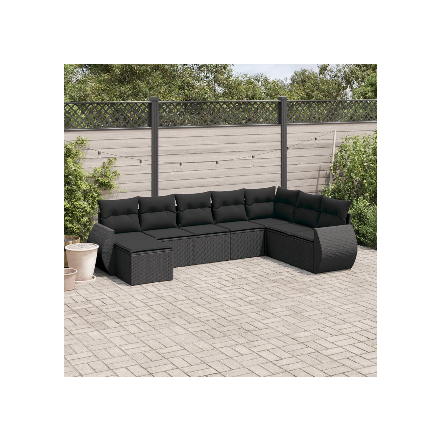 Salon de jardin 8 pcs avec coussins noir résine tressée
