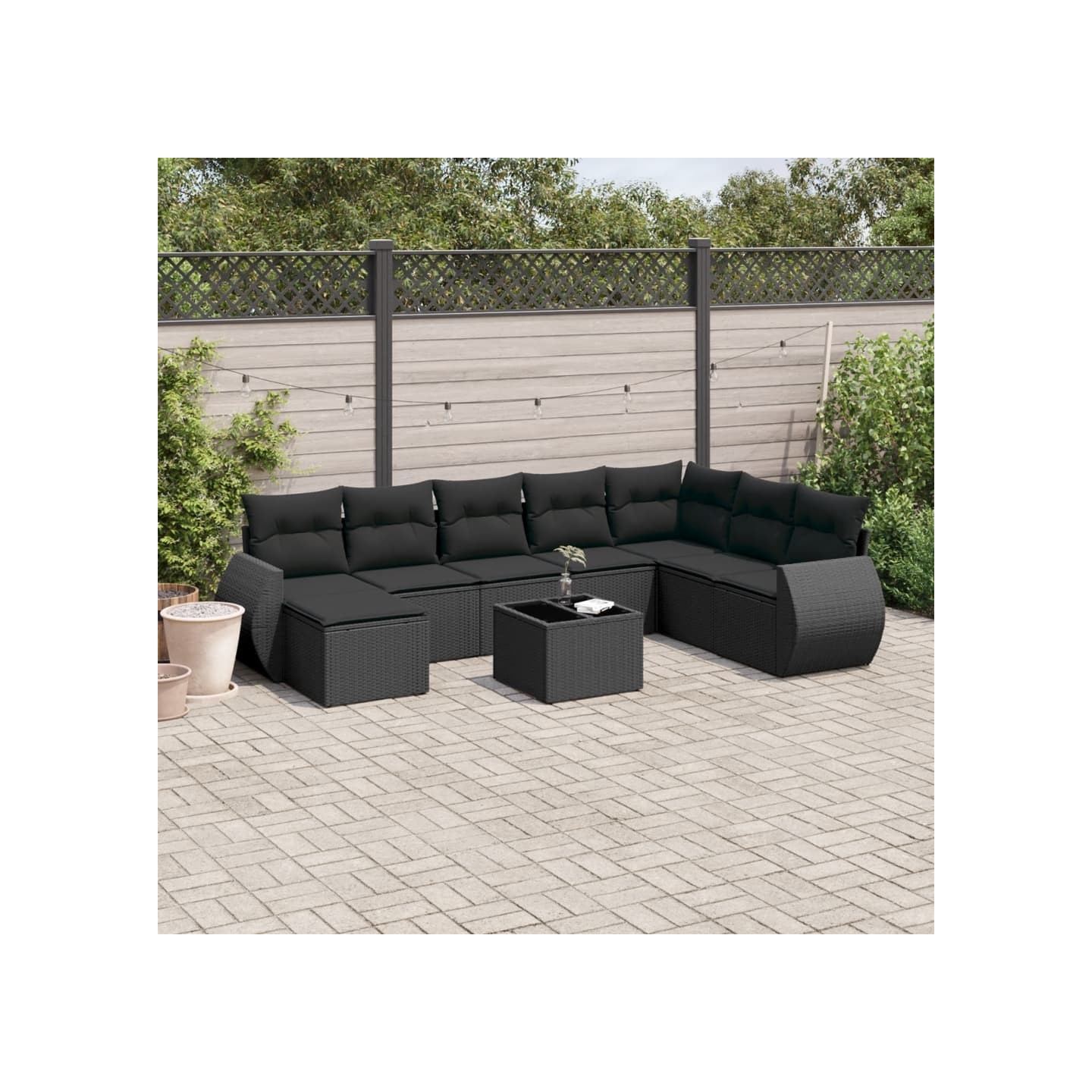 Salon de jardin 9 pcs avec coussins noir résine tressée