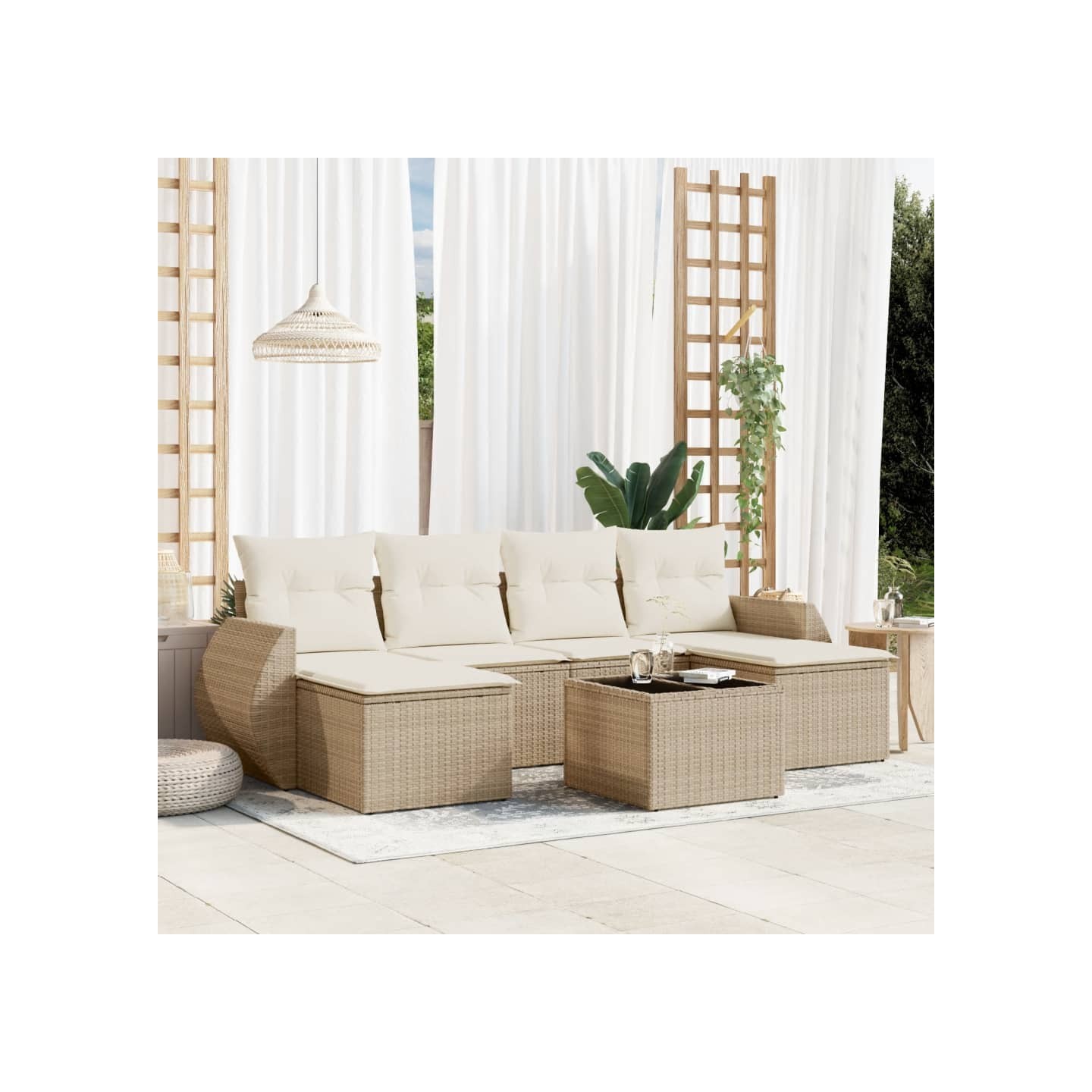 Salon de jardin avec coussins 7 pcs beige résine tressée