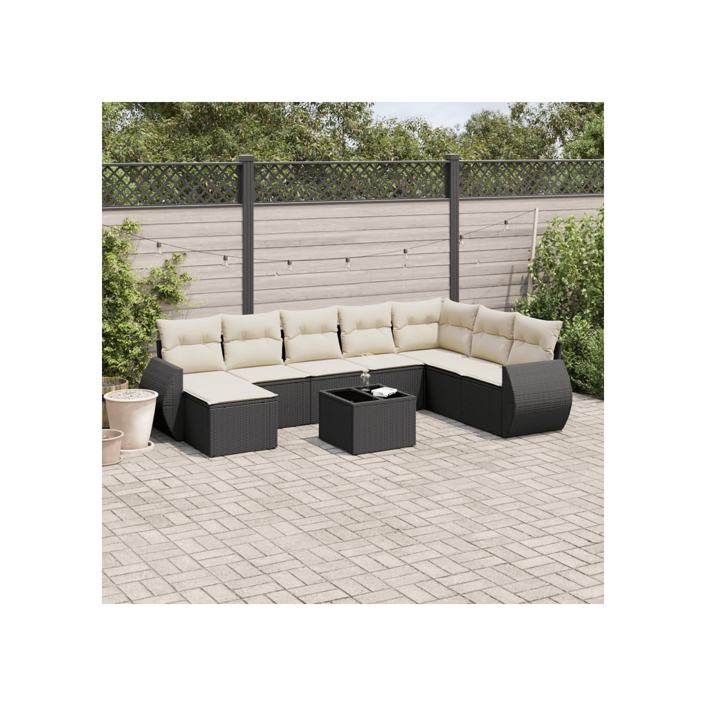 Salon de jardin 9 pcs avec coussins noir résine tressée