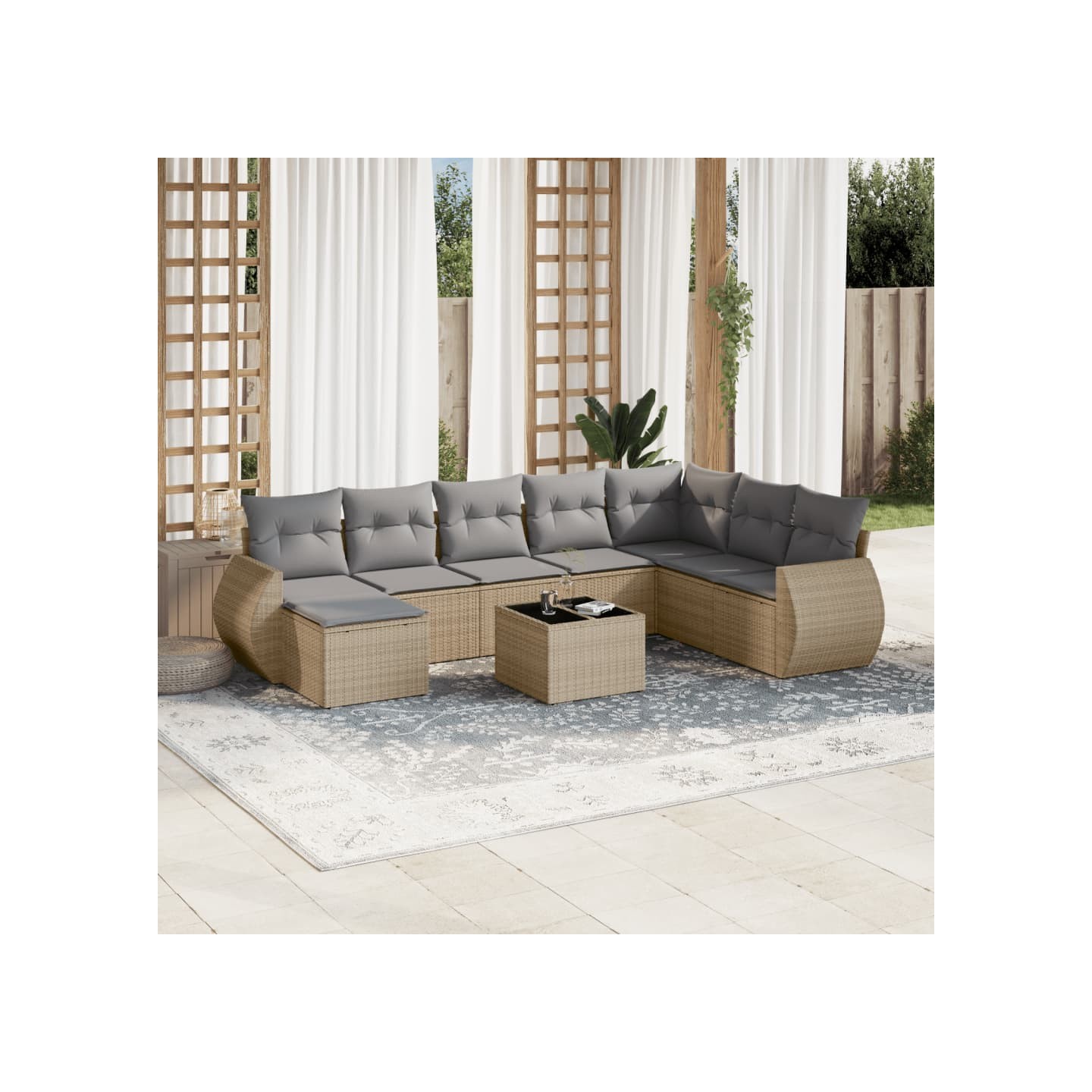 Salon de jardin avec coussins 9 pcs beige résine tressée