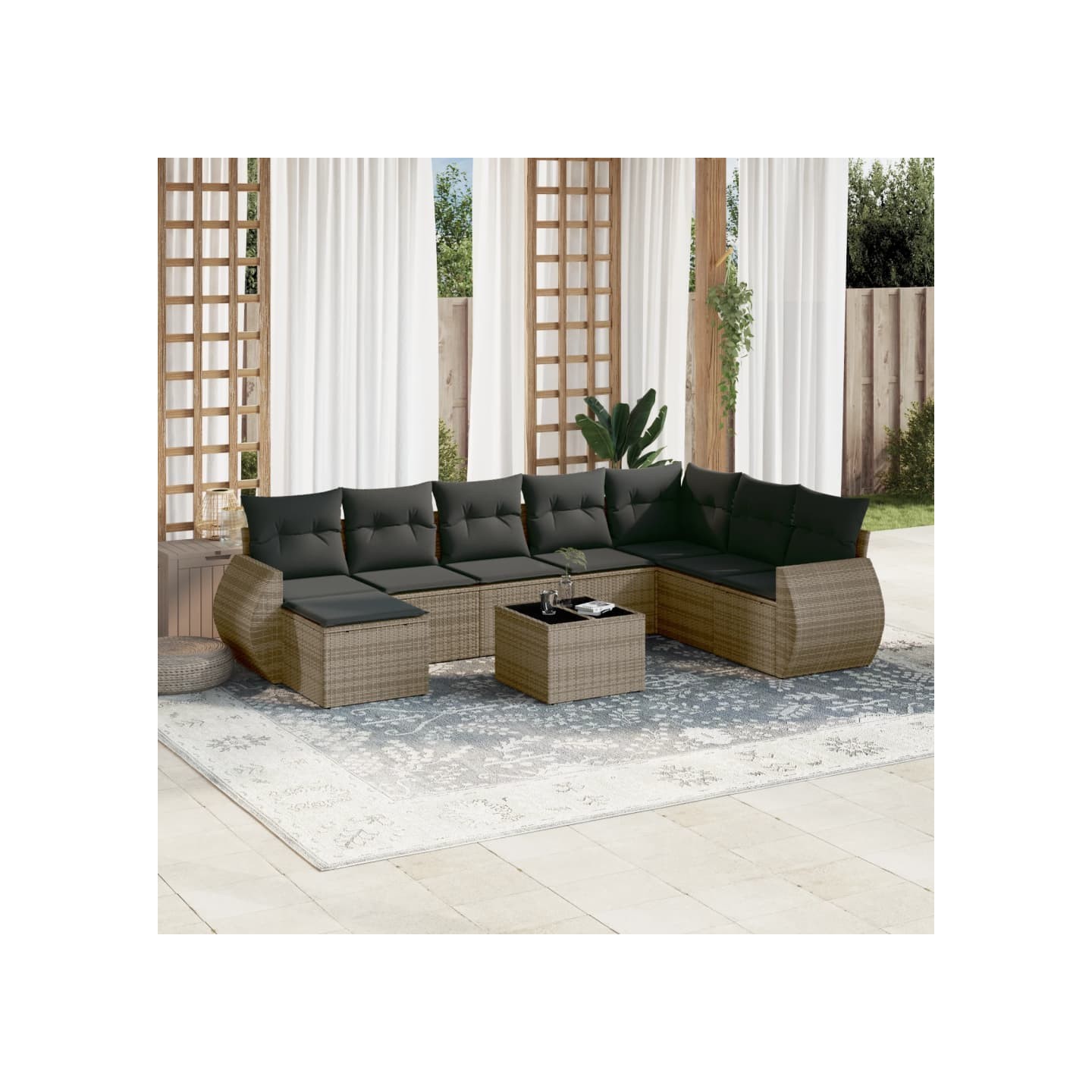 Salon de jardin 9 pcs avec coussins gris résine tressée