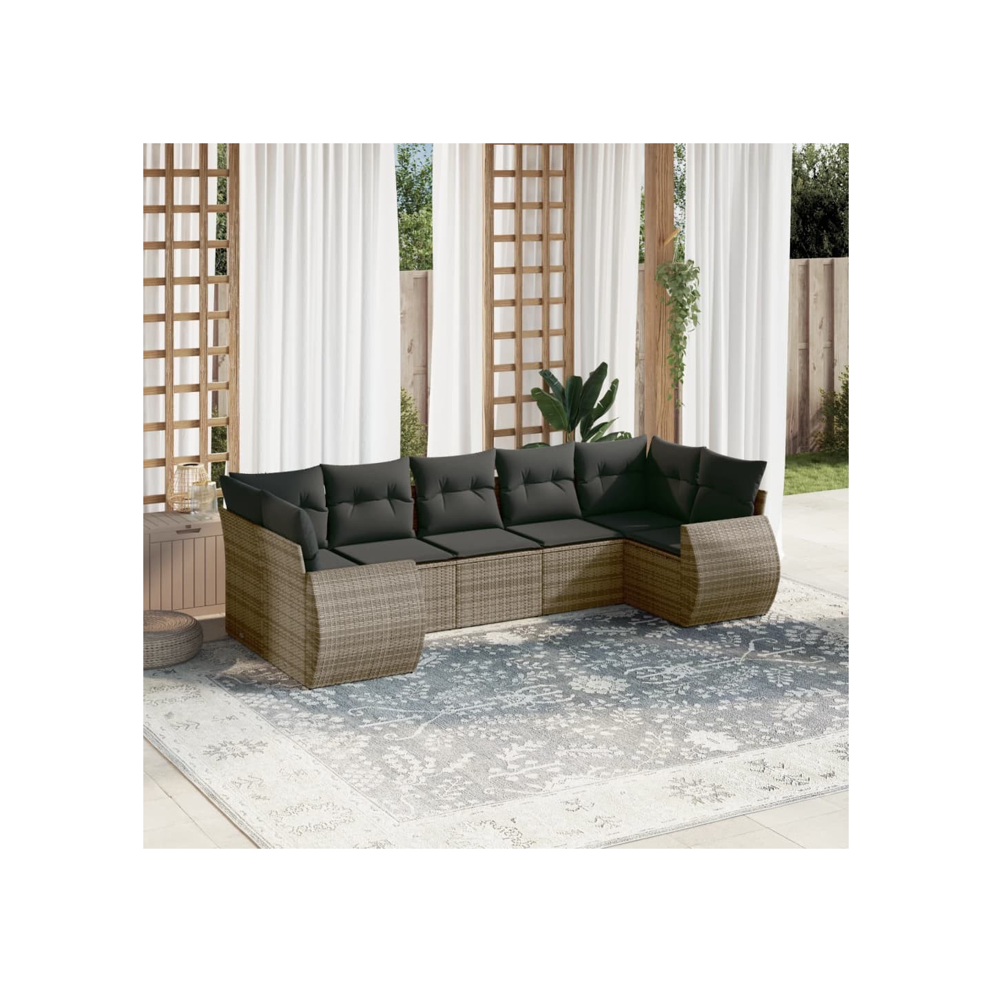 Salon de jardin avec coussins 7 pcs gris résine tressée