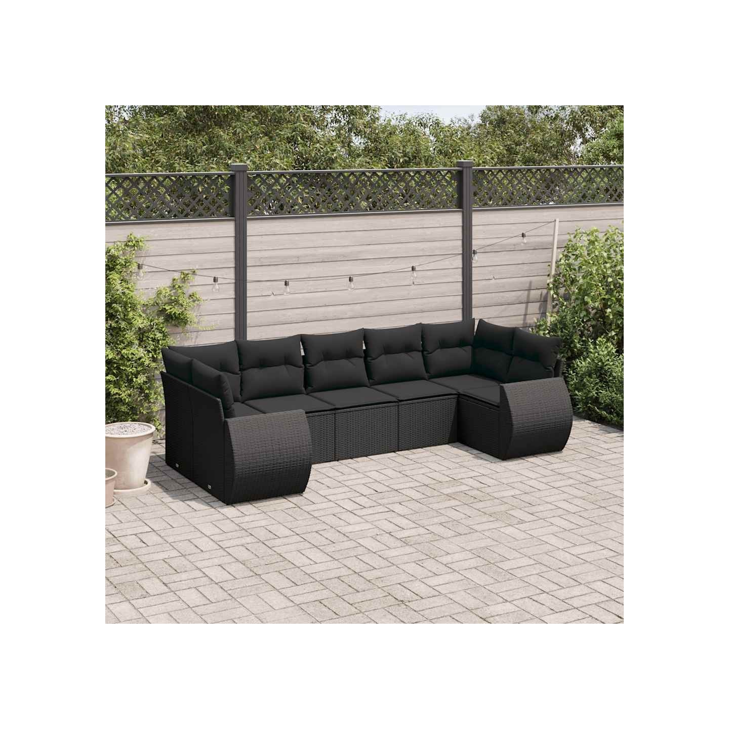 Salon de jardin 7 pcs avec coussins noir résine tressée