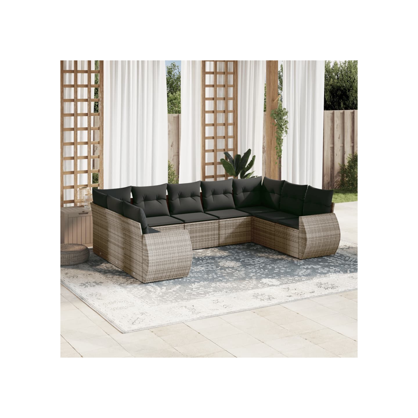 Salon de jardin 9 pcs avec coussins gris résine tressée