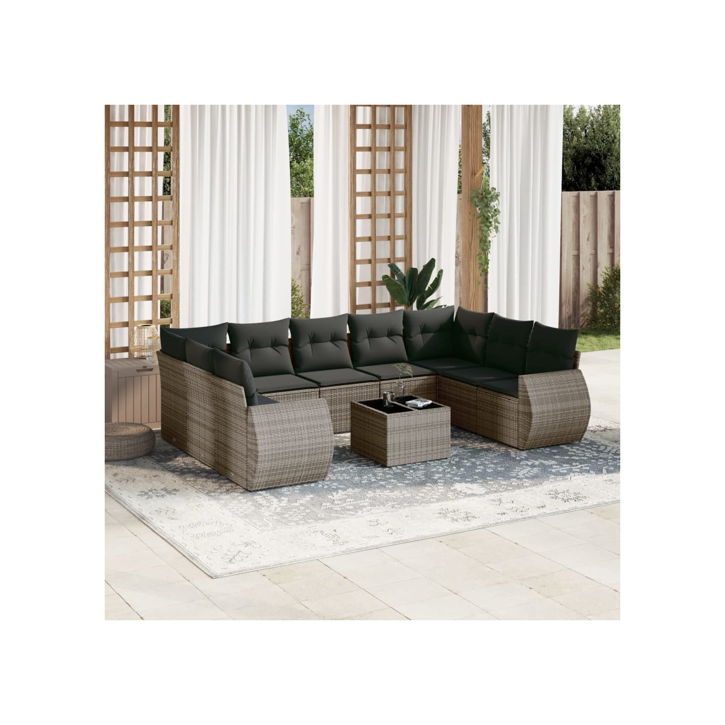 Salon de jardin avec coussins 10 pcs gris résine tressée