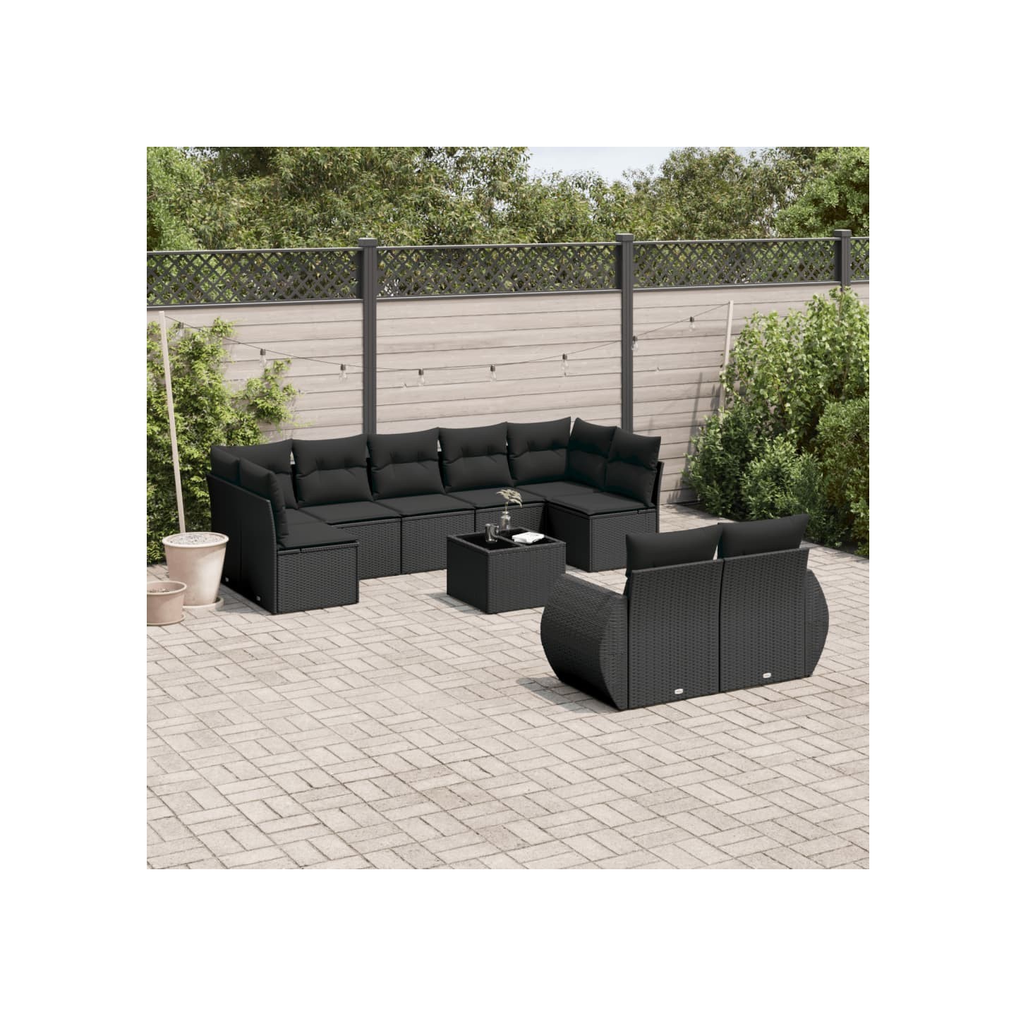 Salon de jardin 10 pcs avec coussins noir résine tressée