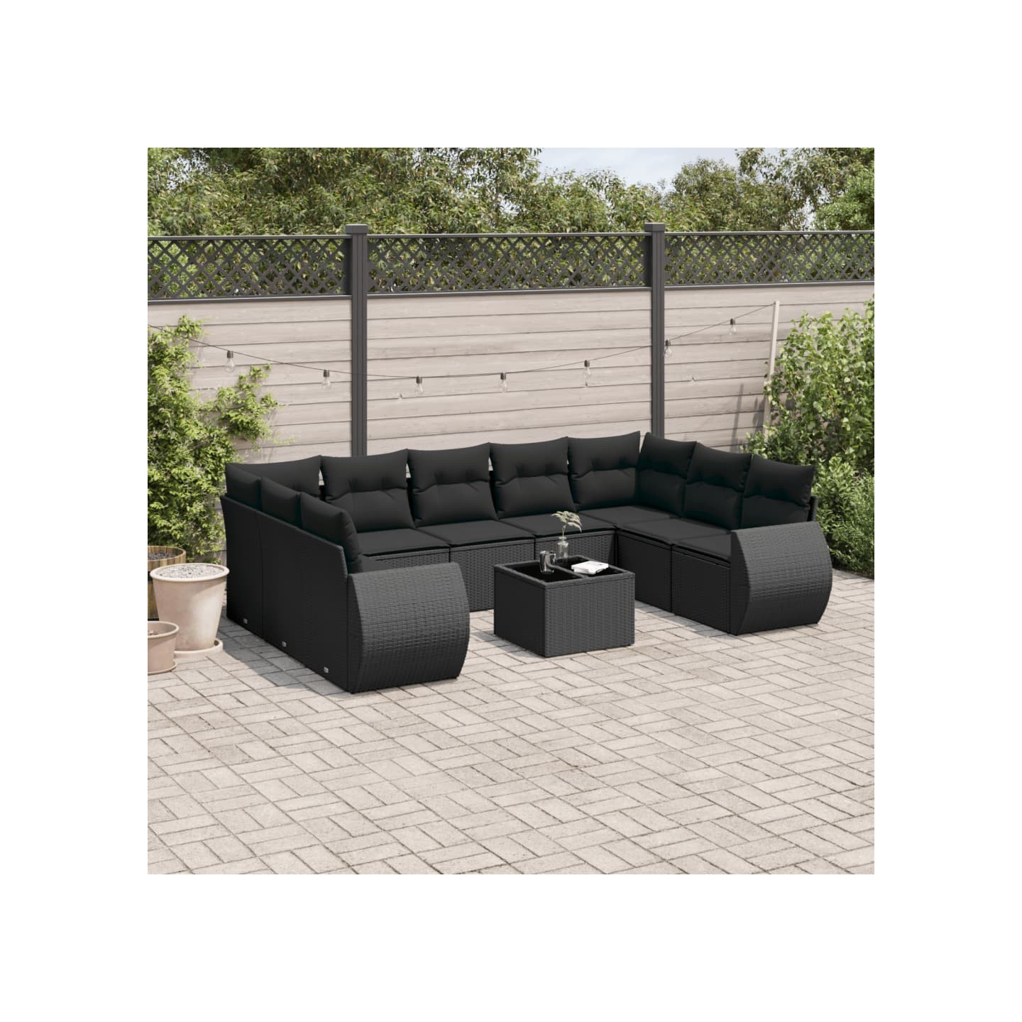Salon de jardin 10 pcs avec coussins noir résine tressée