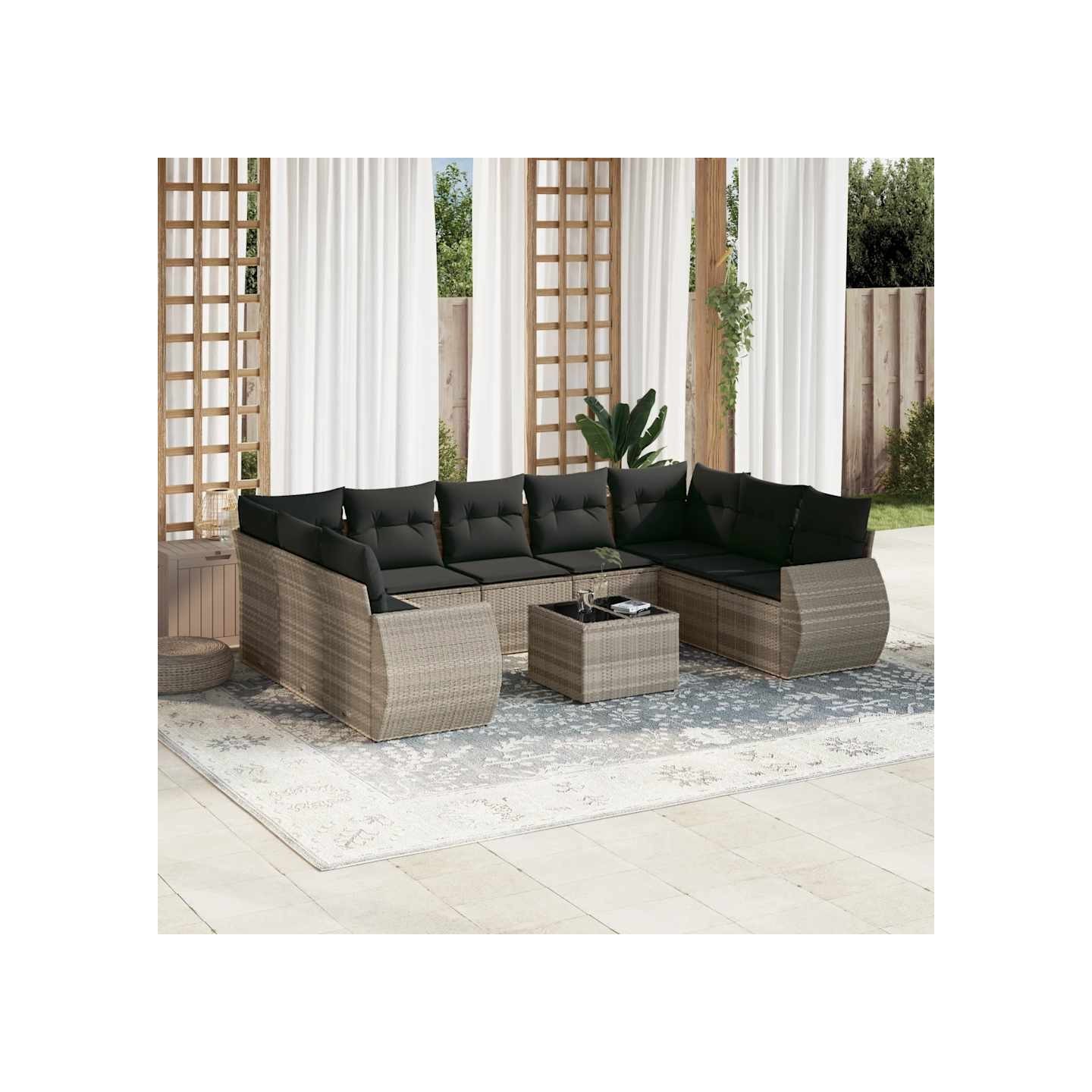 Salon de jardin avec coussins 10 pcs gris clair résine tressée