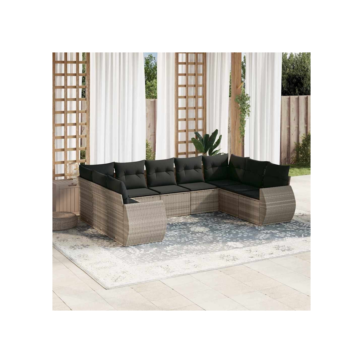 Salon de jardin 9 pcs avec coussins gris clair résine tressée